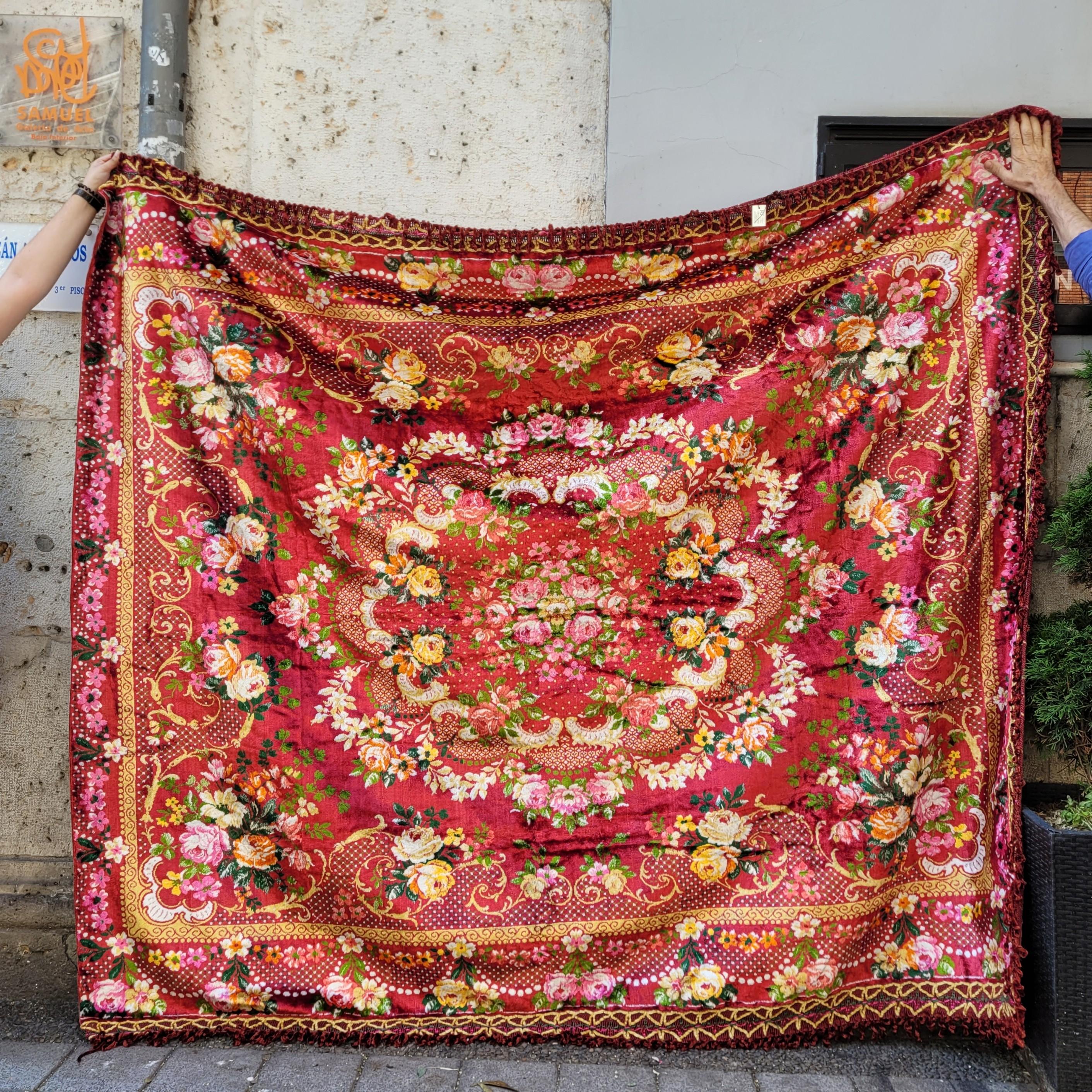 Brown Large Pink Orange Floral Bedspread/Tapestry, Silk Velvet, 40's For Sale