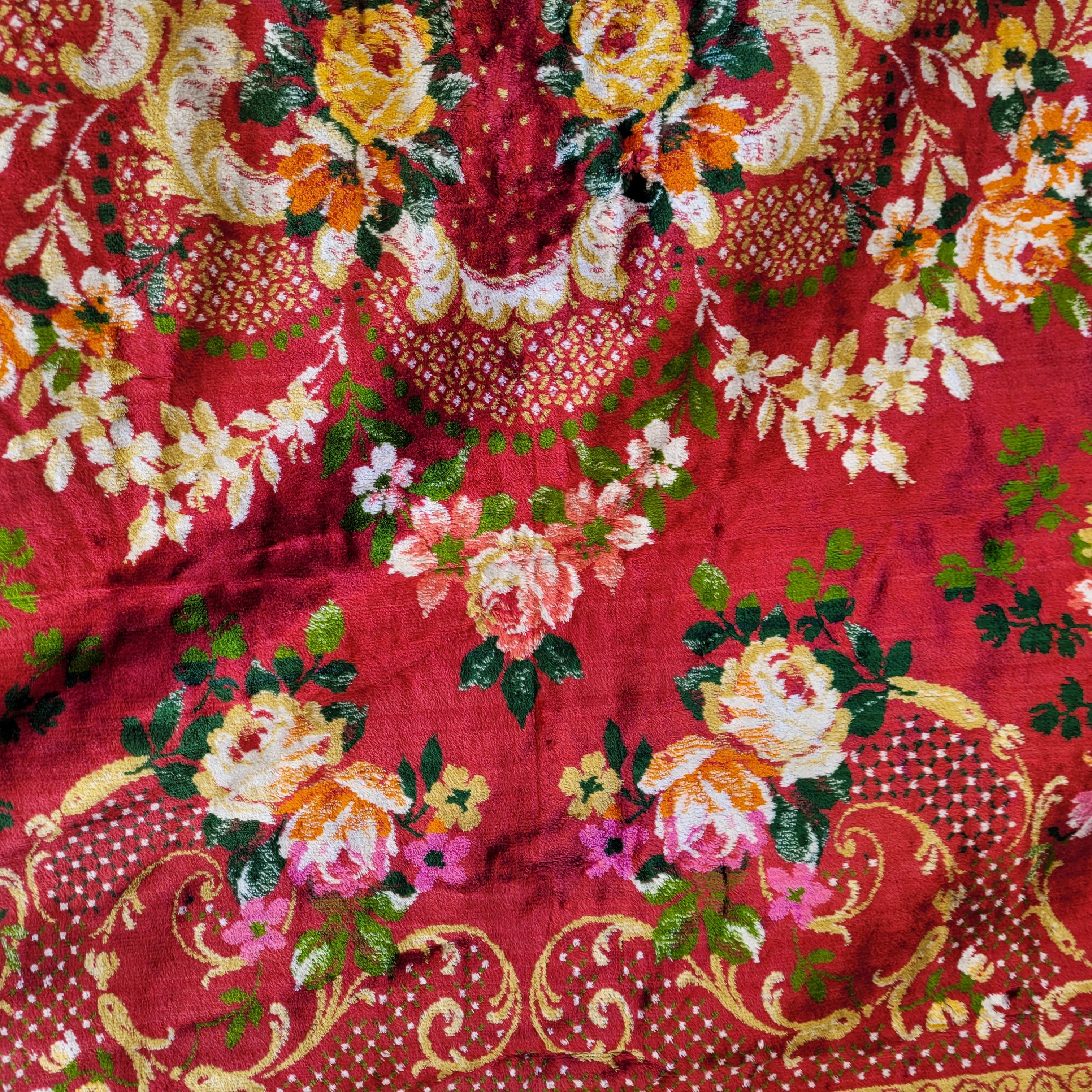 Large Pink Orange Floral Bedspread/Tapestry, Silk Velvet, 40's For Sale 1