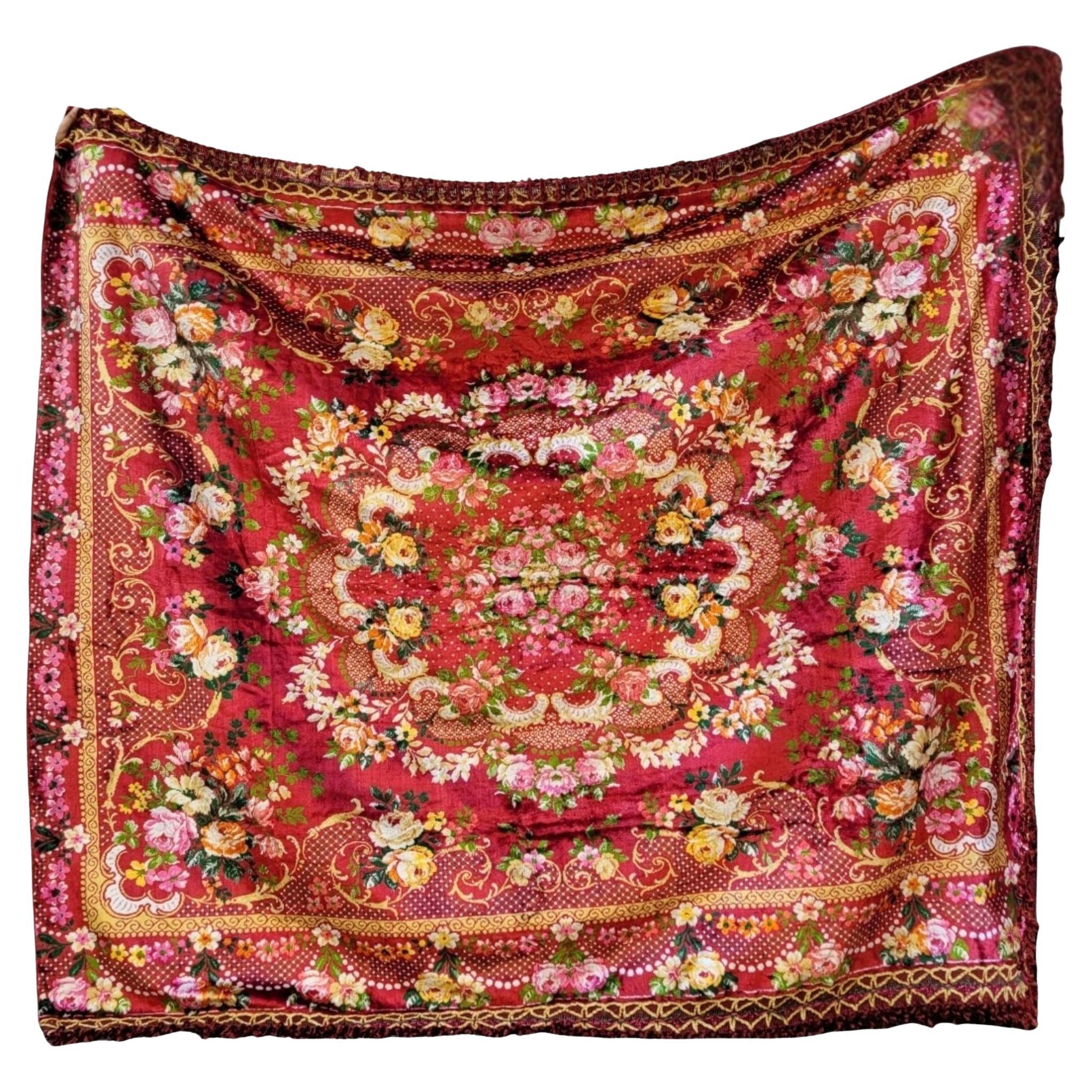 Large Pink Orange Floral Bedspread/Tapestry, Silk Velvet, 40's For Sale