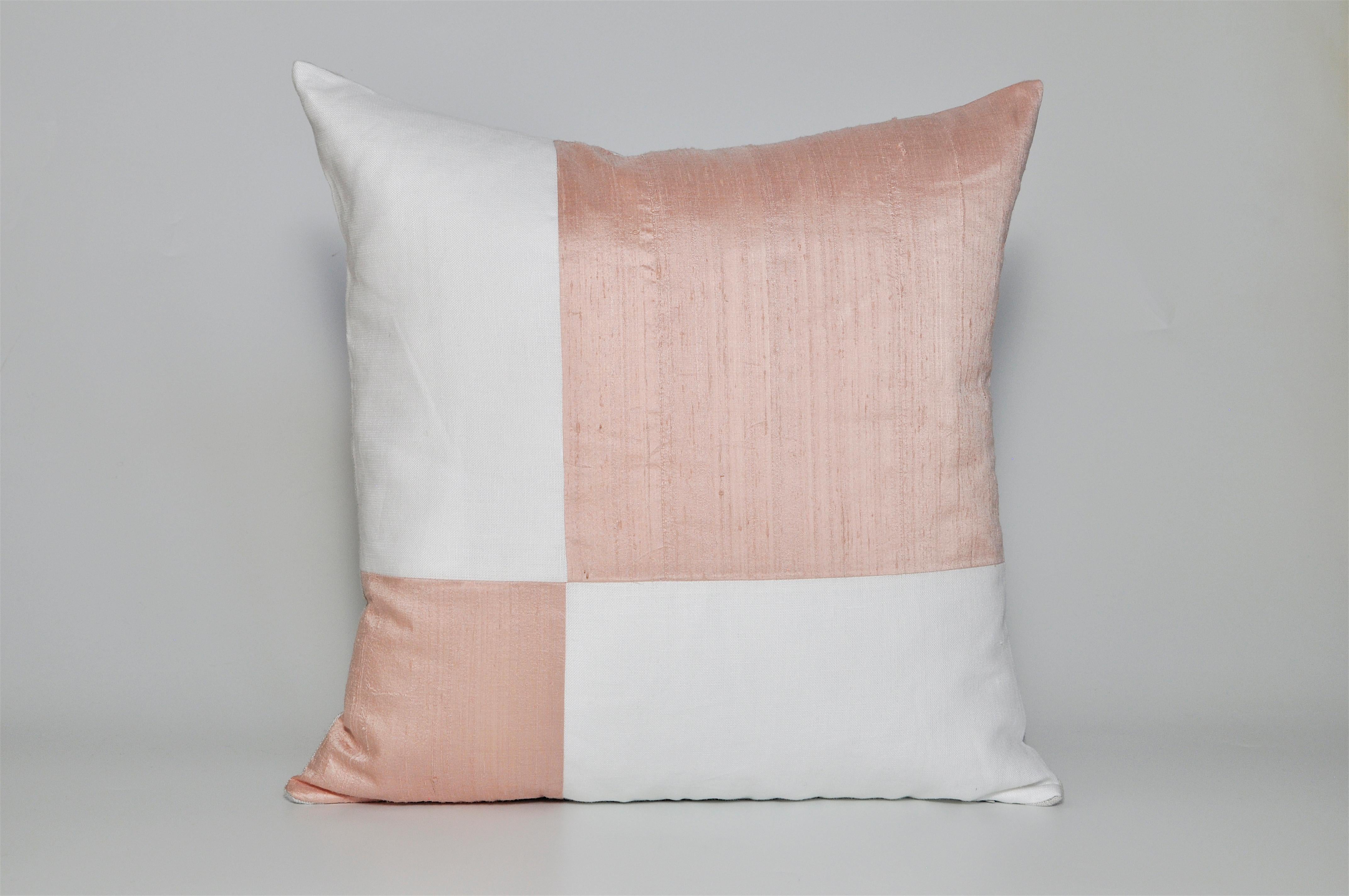 Large, pink peach and white Irish linen patchwork cushion geometric pillow

A custom made contemporary luxury cushion (pillow) constructed with vintage elements by using fragments of precious fabric. In a soft peachy nude light pink matched with
