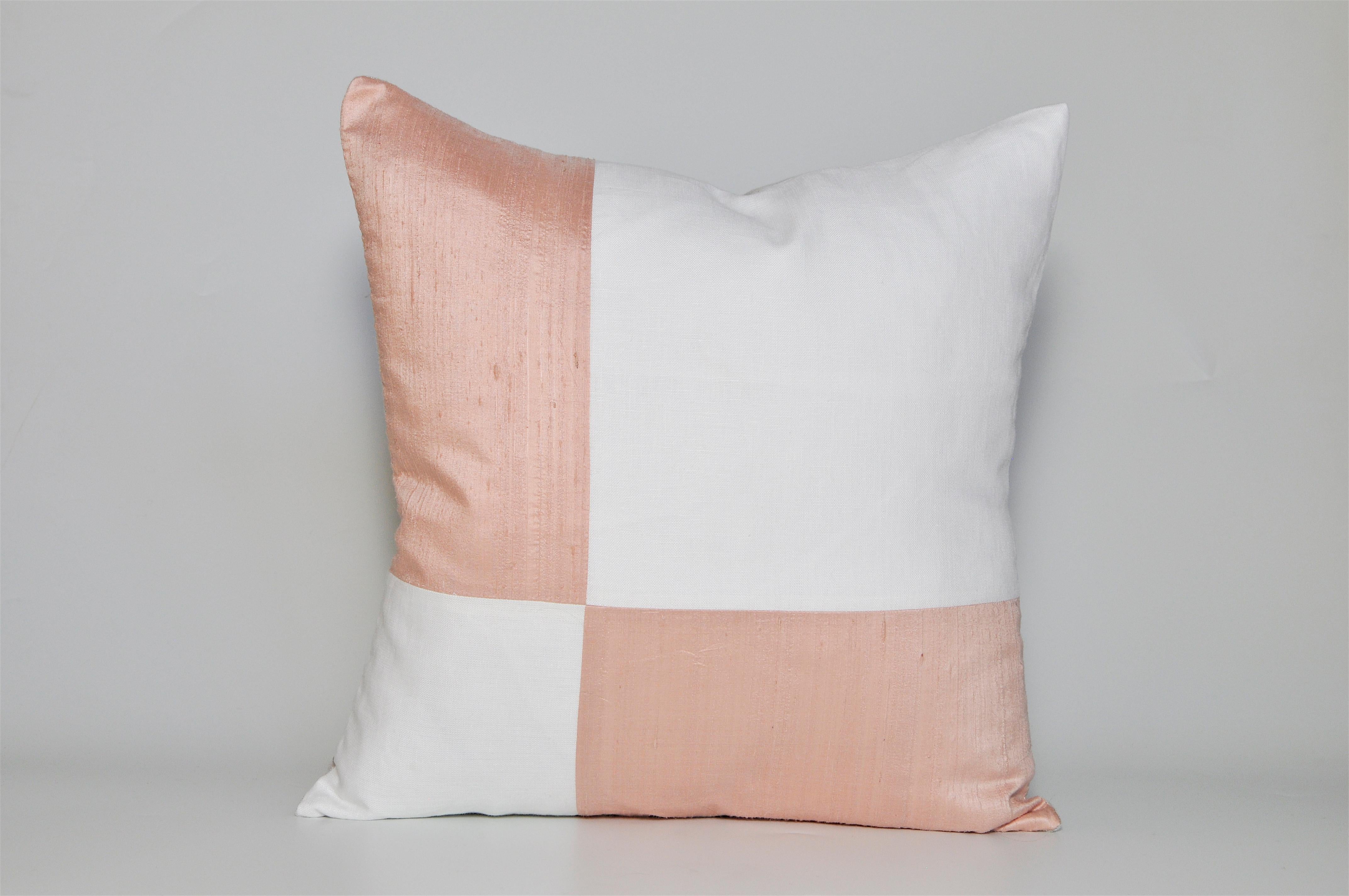 Northern Irish Large, Pink Peach and White Irish Linen Patchwork Cushion Geometric Pillow