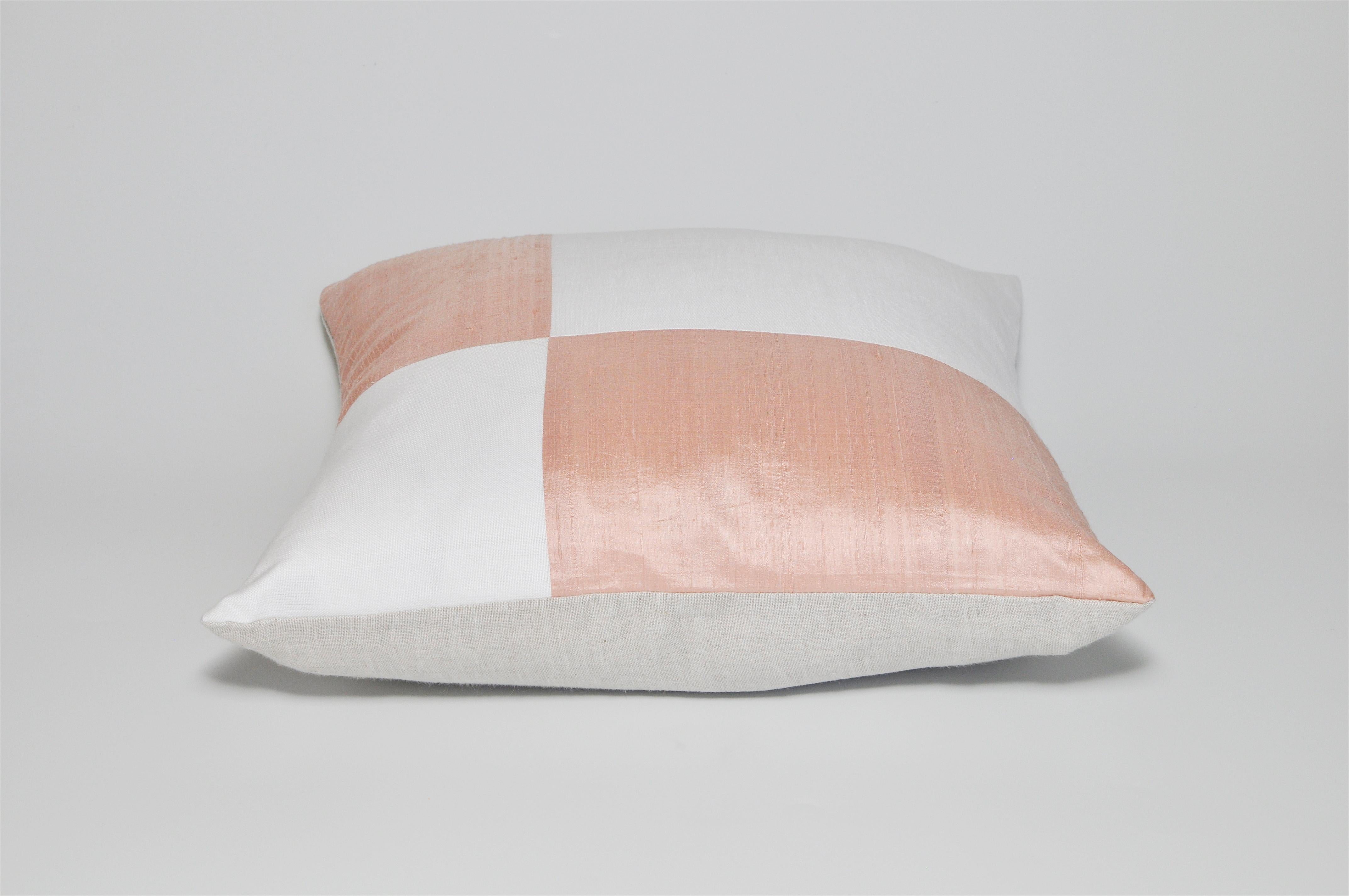 Large, Pink Peach and White Irish Linen Patchwork Cushion Geometric Pillow 1