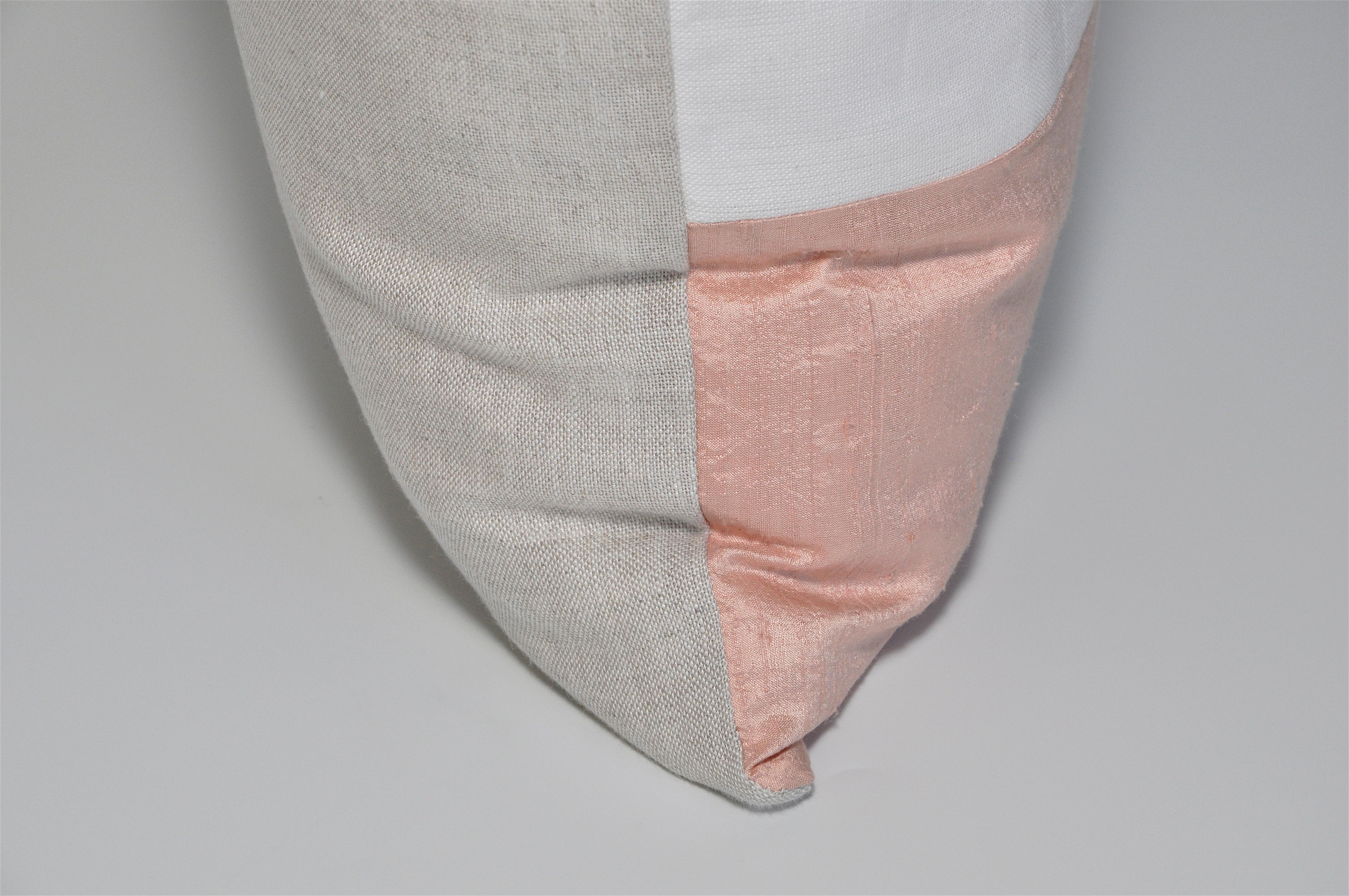 Large, Pink Peach and White Irish Linen Patchwork Cushion Geometric Pillow 2