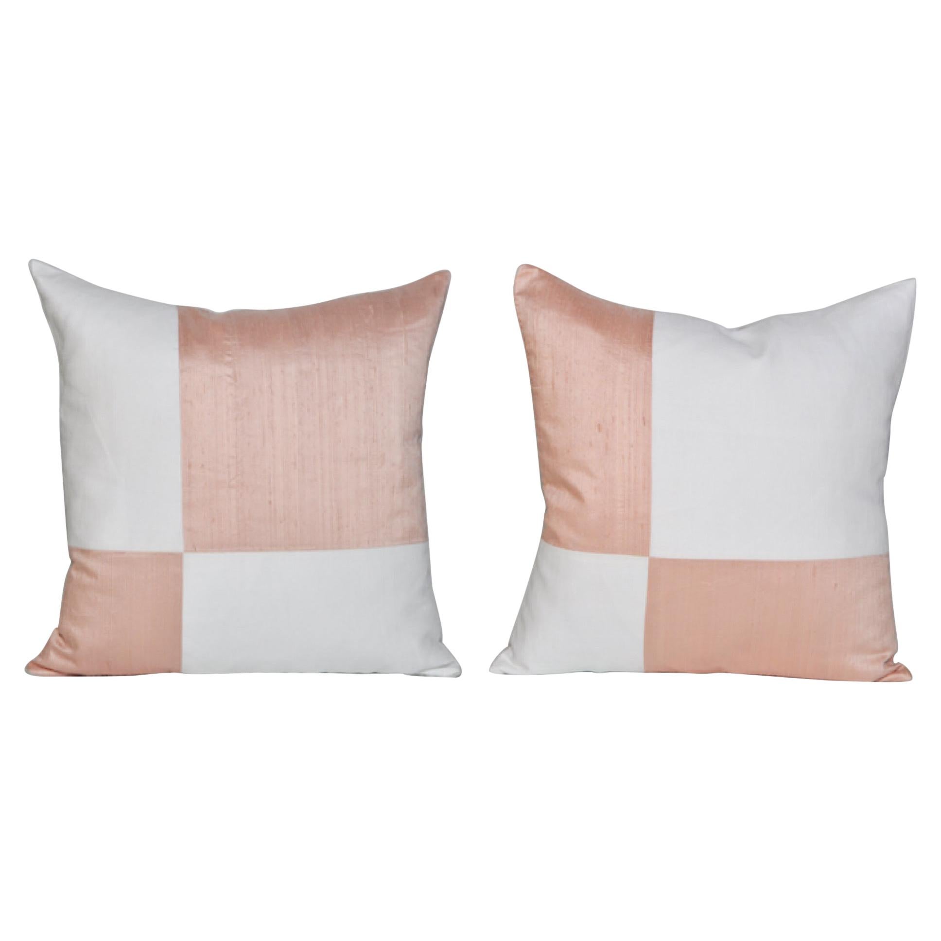 Large, Pink Peach and White Irish Linen Patchwork Cushion Geometric Pillow