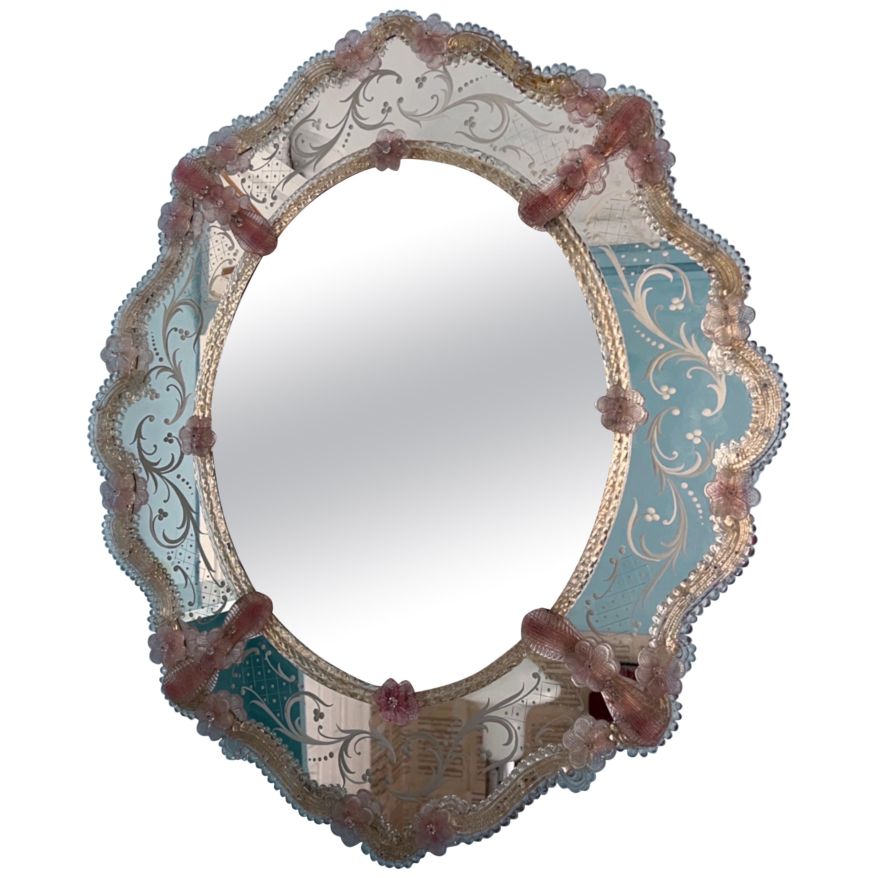 Large Pink round Shaped Venetian Murano glass Mirror circa 1960s Italy