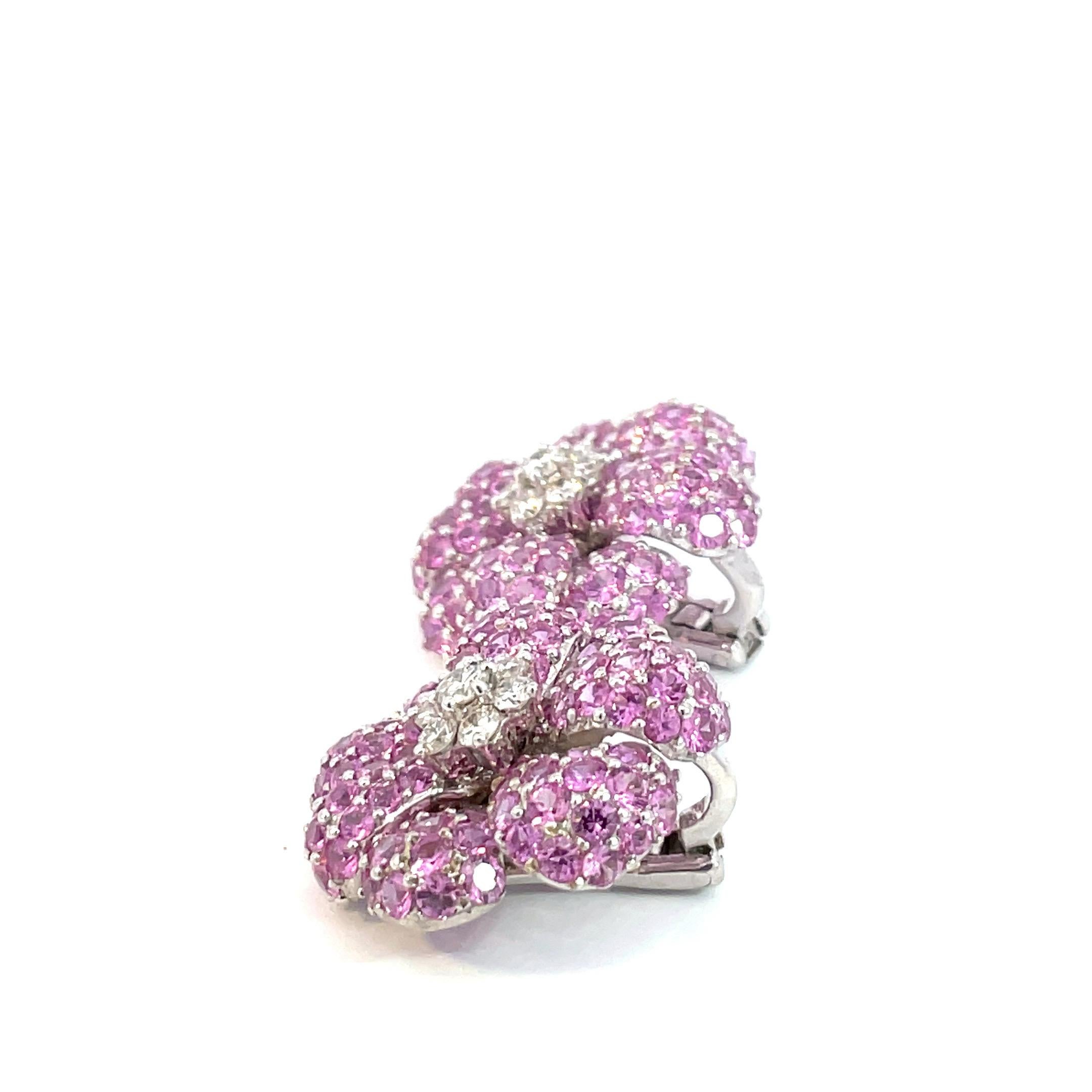 Contemporary Large Pink Sapphire and Diamond Flower Earrings in 18 Karat White Gold For Sale