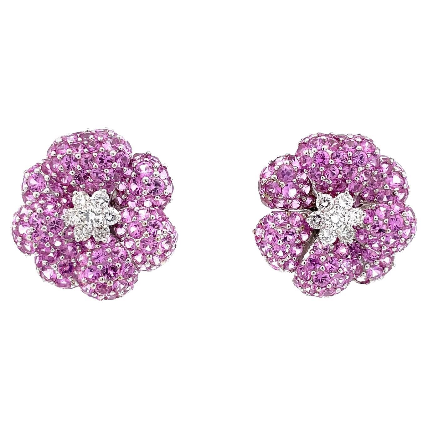 Large Pink Sapphire and Diamond Flower Earrings in 18 Karat White Gold For Sale