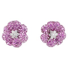 Grandes boucles d'oreilles fleur en or blanc 18 carats avec saphir rose et diamants