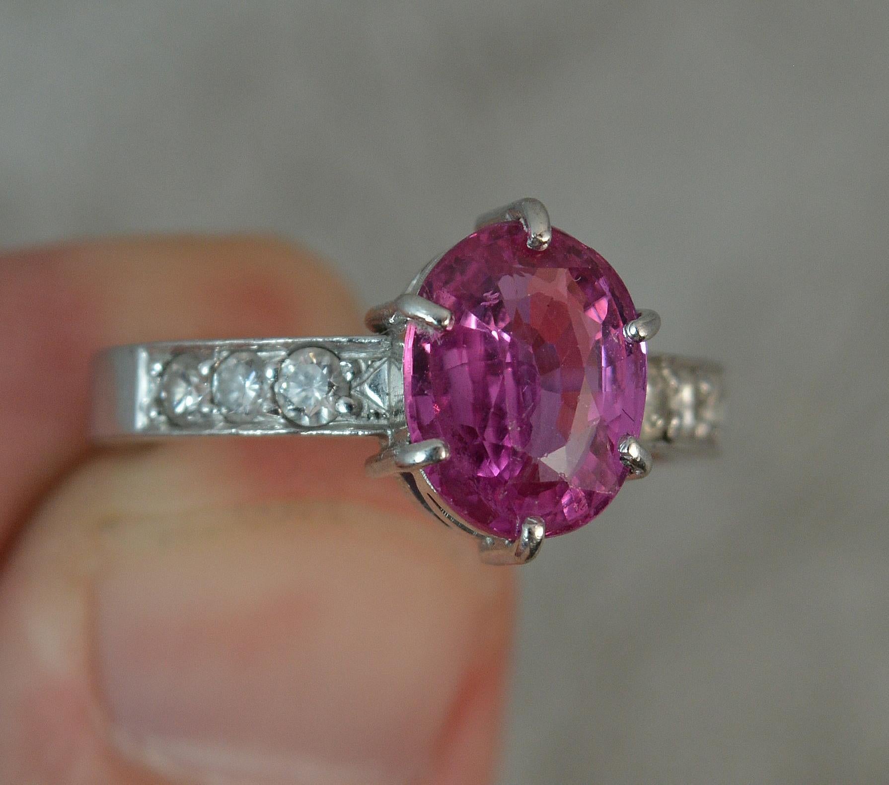 Large Pink Sapphire and Diamond Platinum Ring In Excellent Condition In St Helens, GB