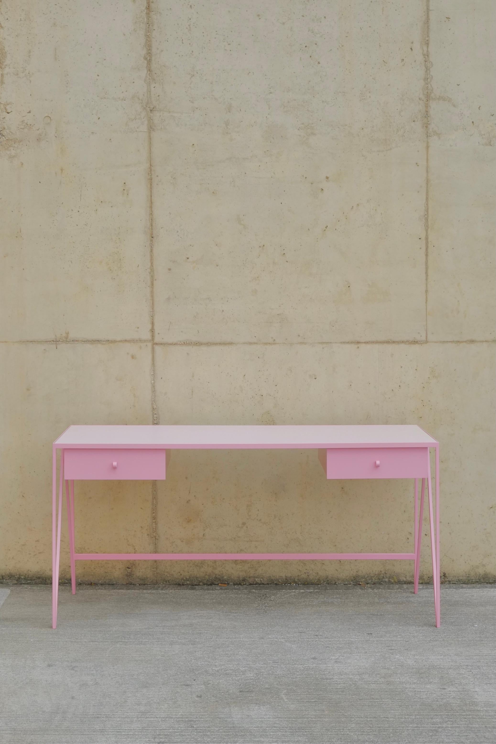 British Large Pink Steel Contemporary Study Desk with Two Drawers - customizable For Sale