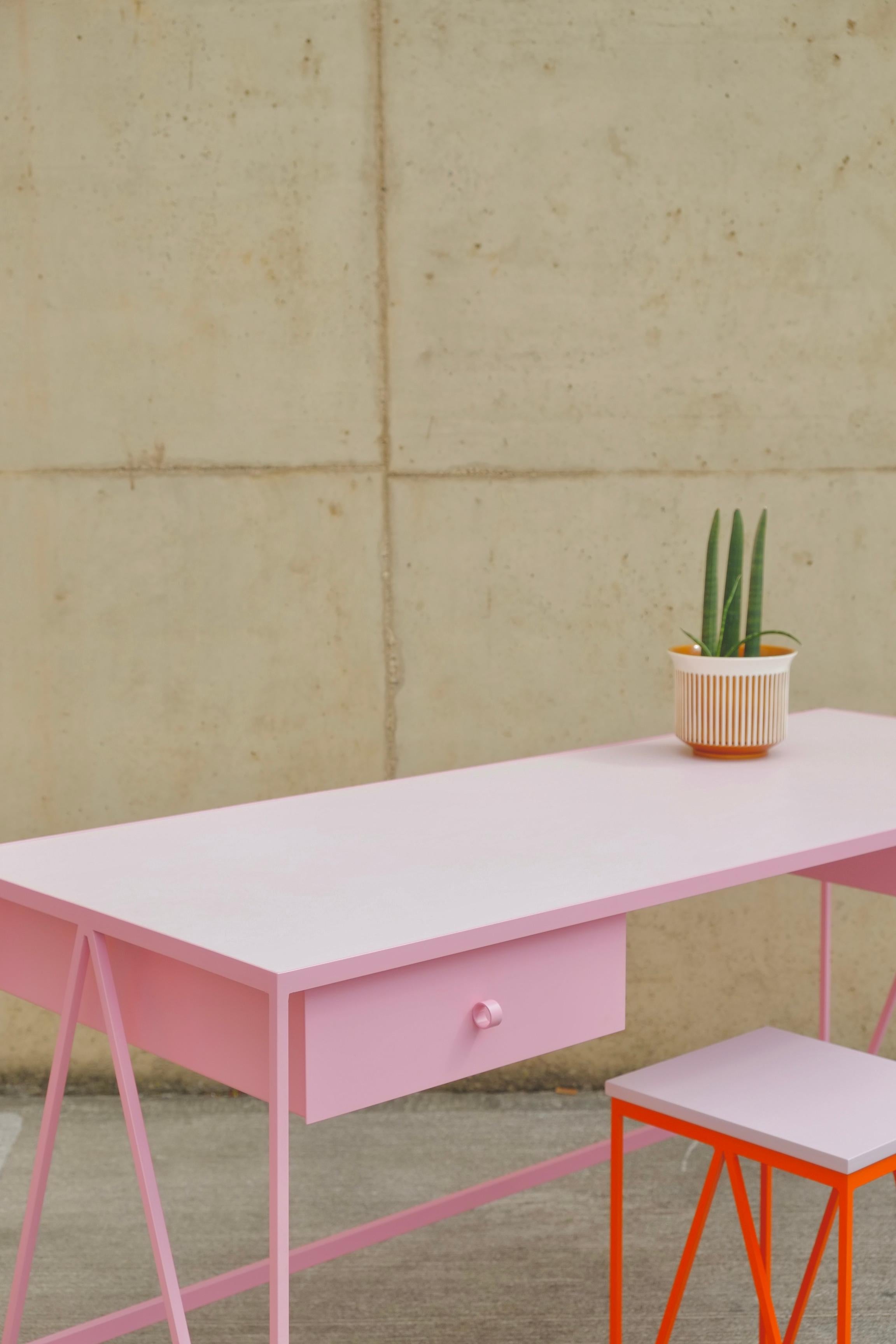 Welded Large Pink Steel Contemporary Study Desk with Two Drawers - customizable For Sale