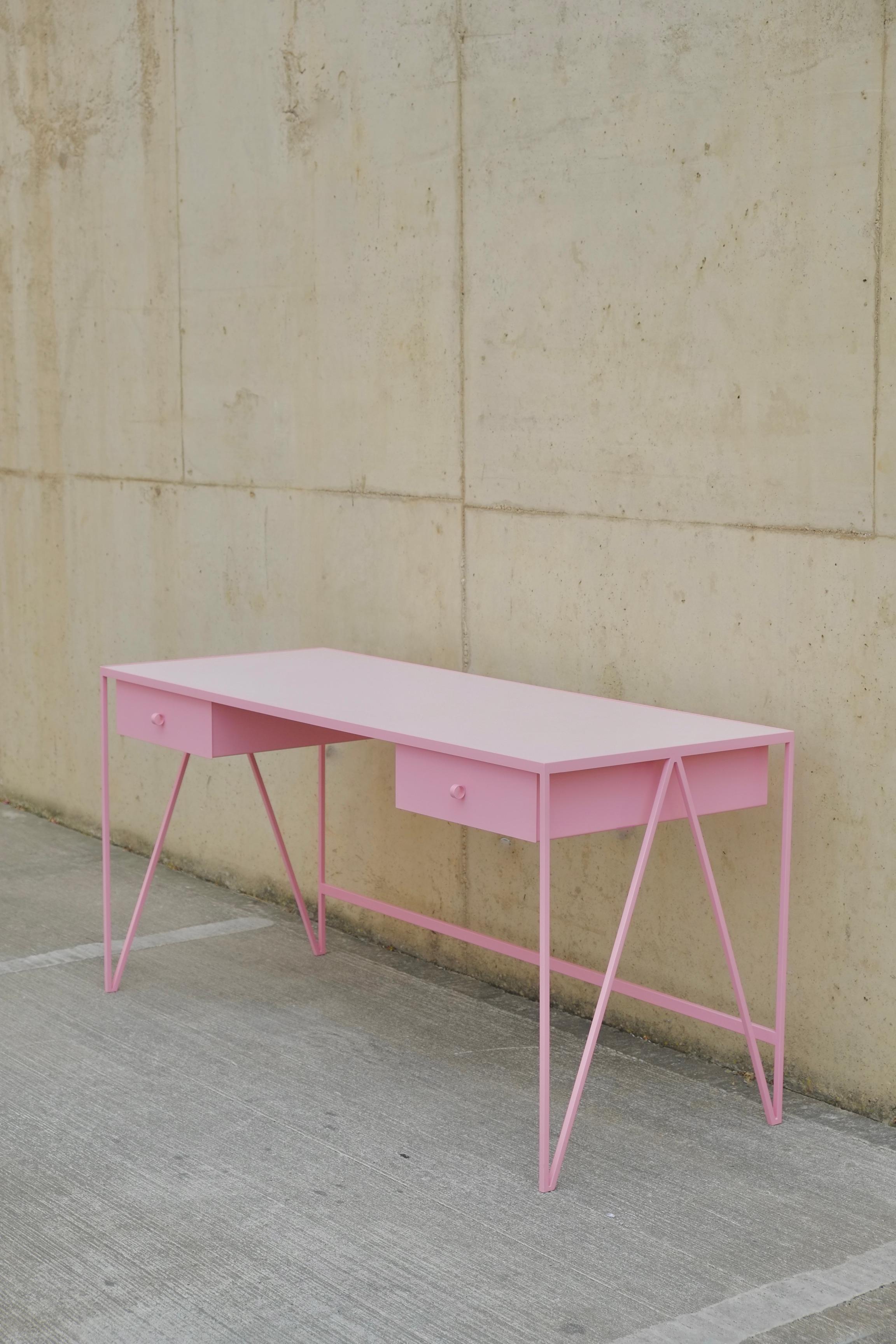 Large Pink Steel Contemporary Study Desk with Two Drawers - customizable In New Condition For Sale In Leicester, GB