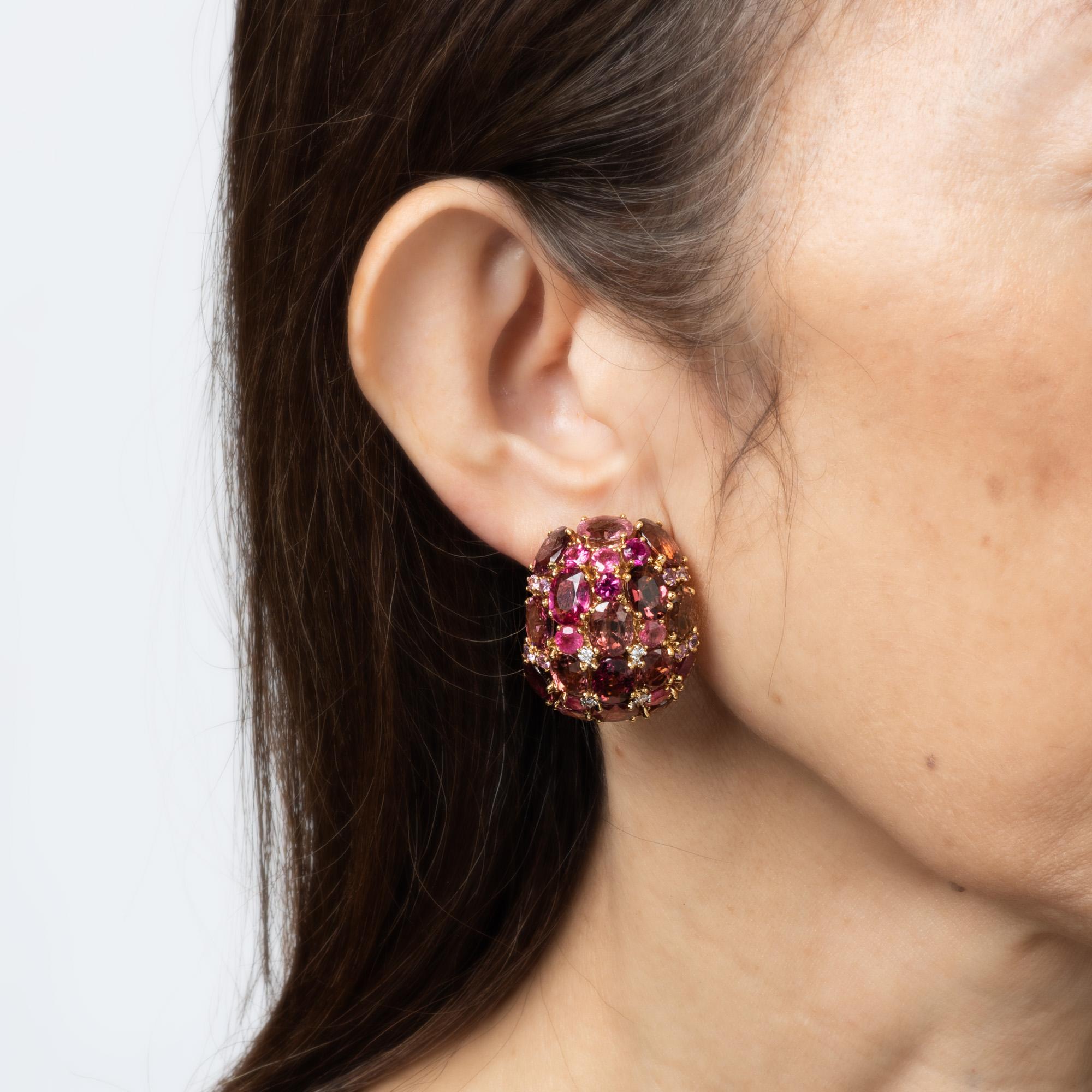 Pendientes Grandes de Diamantes Turmalina Rosa Cúpula Ancha Oro 18k Joyería Fina Vintage Corte redondo en venta