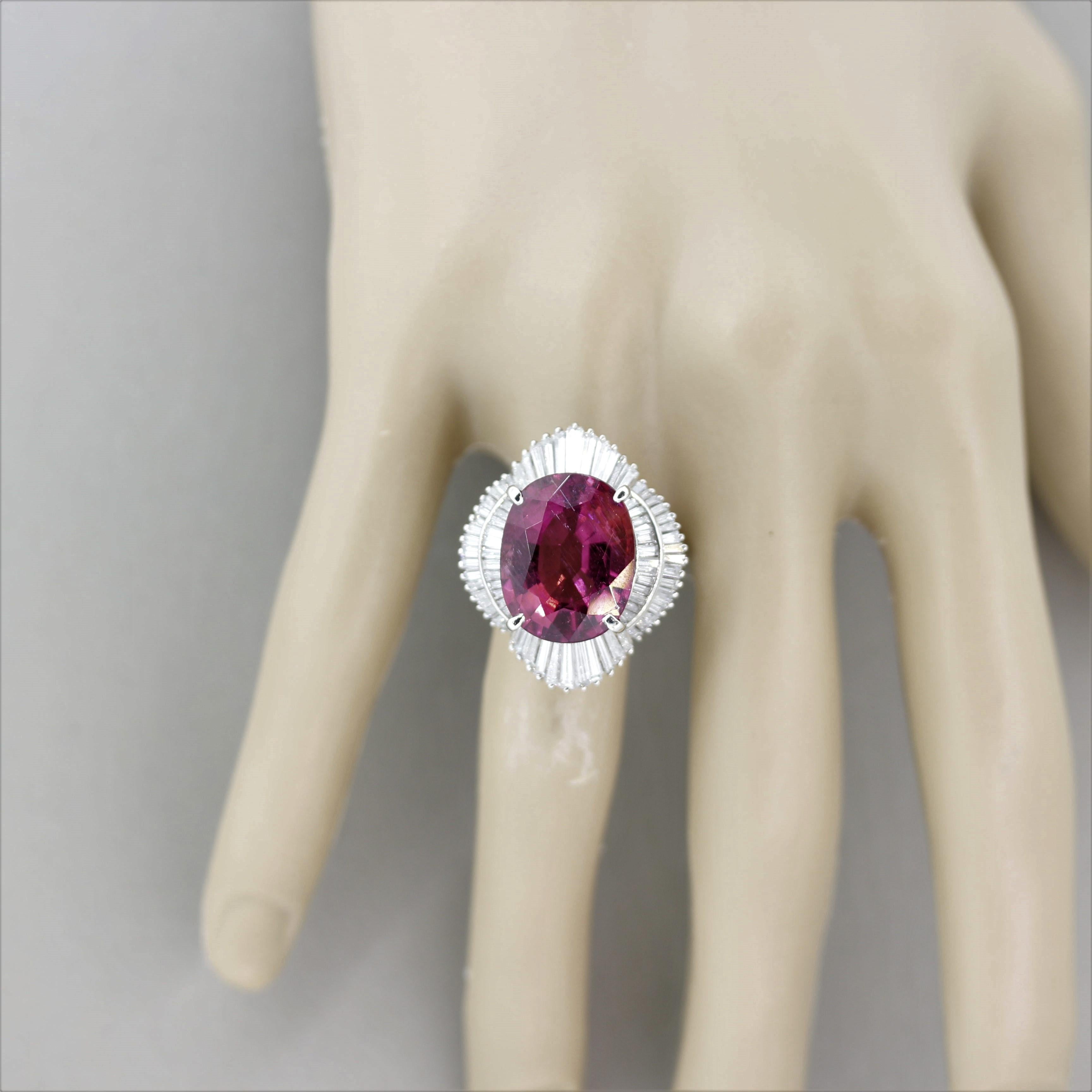 Large Pink Tourmaline Diamond Platinum Cocktail Ring For Sale 1