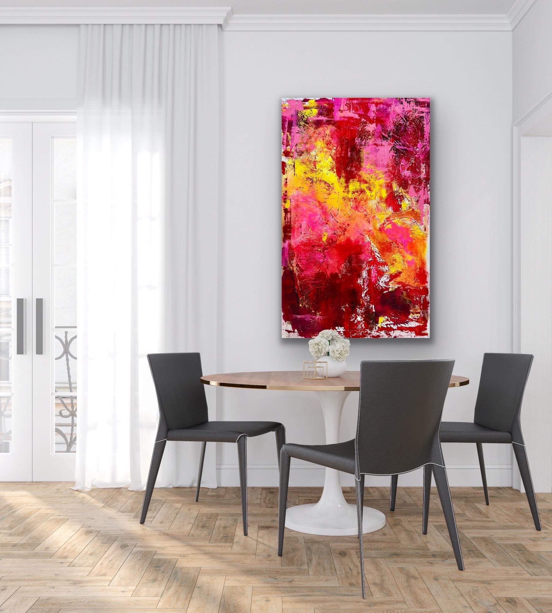Large original signed abstract mixed media painting in hues of red, pink and yellow.  Titled 