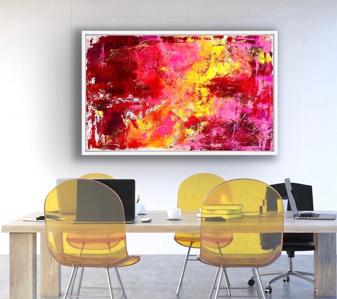 Mid-Century Modern Large Pink&Red Original Mixed Media Abstract Painting by Artist Arlene Carr For Sale