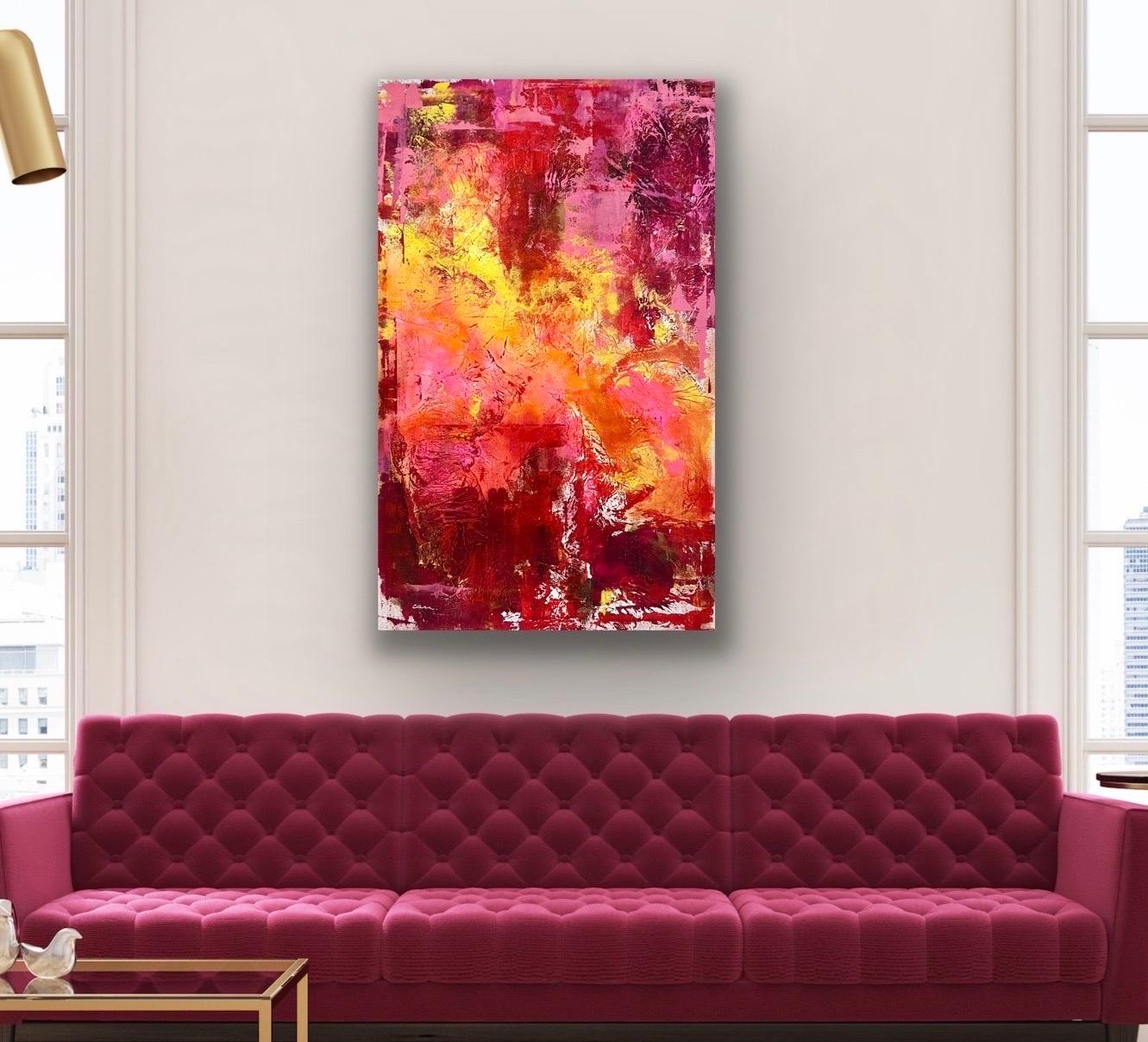 Américain Grande peinture abstraite originale rose et rouge de l'artiste Arlene Carr en vente