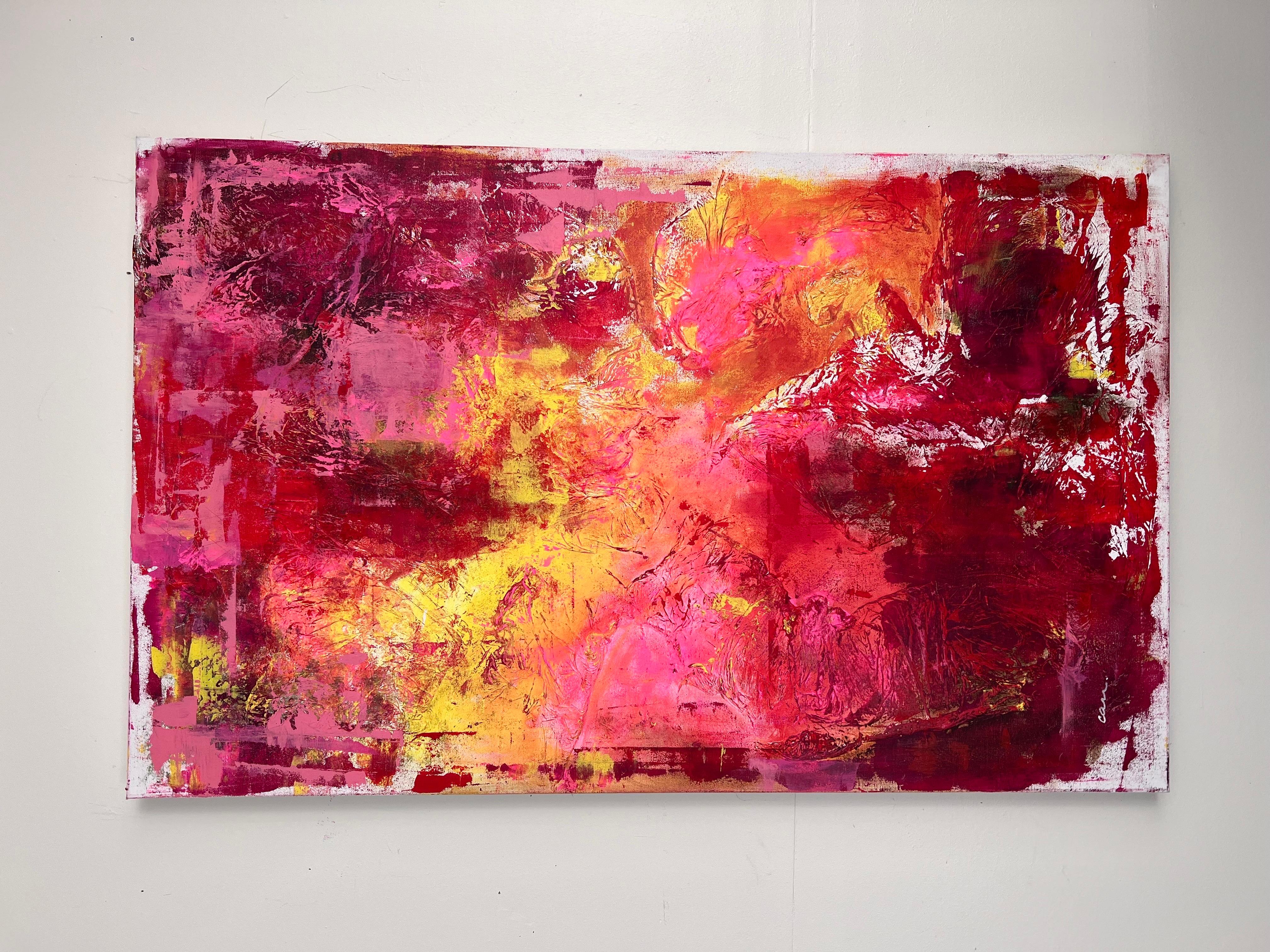 XXIe siècle et contemporain Grande peinture abstraite originale rose et rouge de l'artiste Arlene Carr en vente