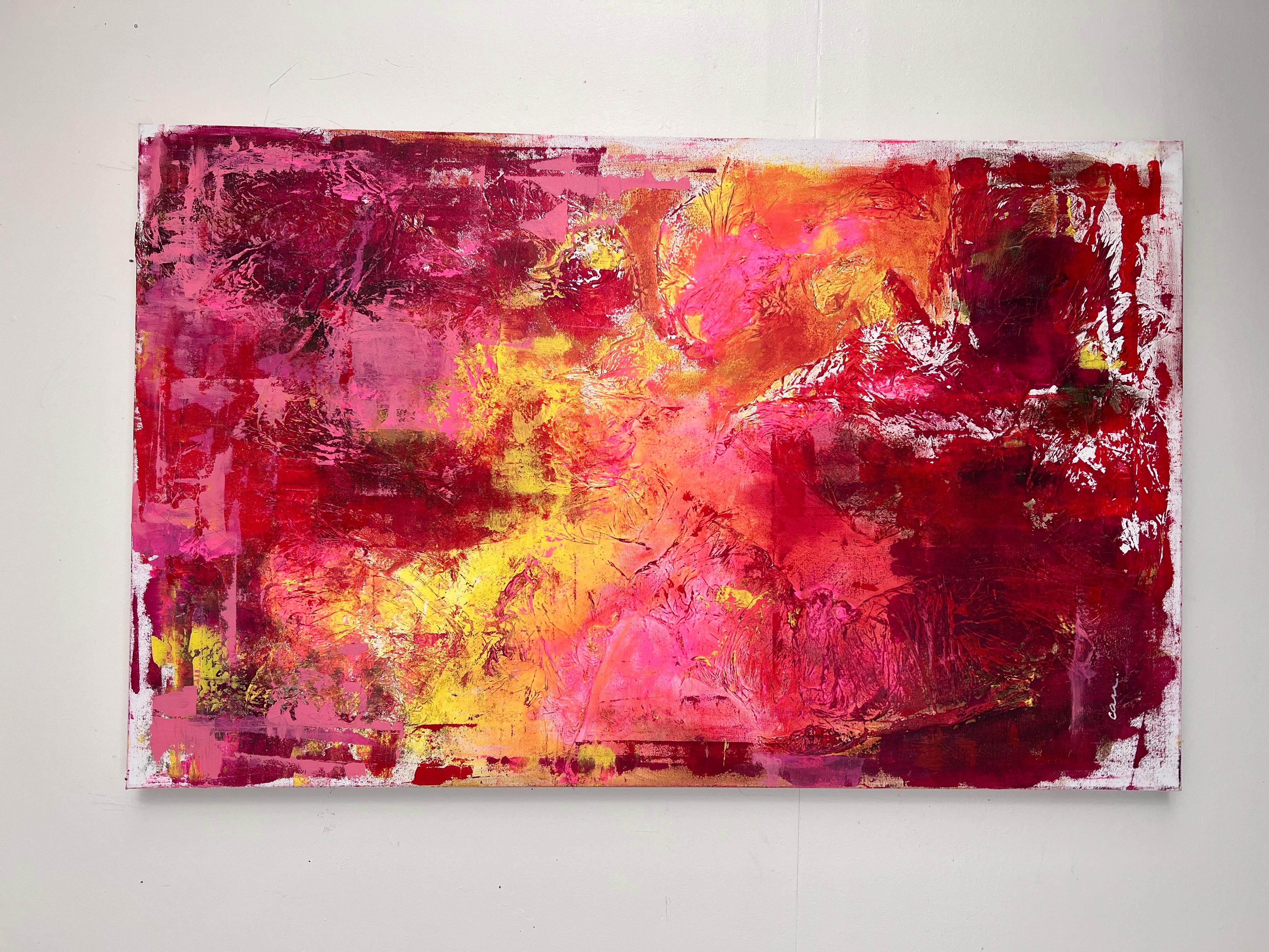 Enamel Large Pink&Red Original Mixed Media Abstract Painting by Artist Arlene Carr For Sale