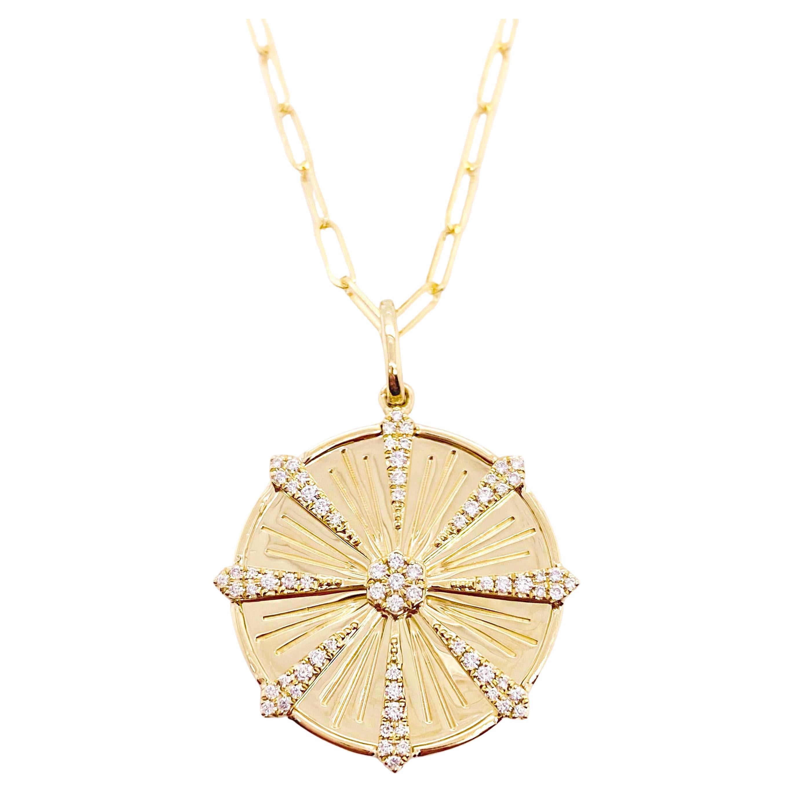 Large Pinwheel Necklace, Diamond Disk Pendant, Paperclip Chain, Yellow Gold