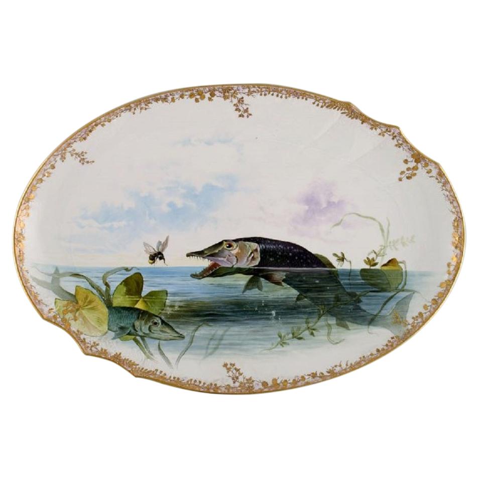 Large Pirkenhammer Serving Dish in Porcelain with Hand-Painted Fish, Early 20th For Sale