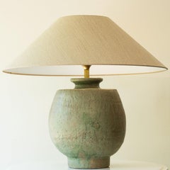Large Pistachio Green Ceramic Table Lamp, Silk Lampshade by R. Houben