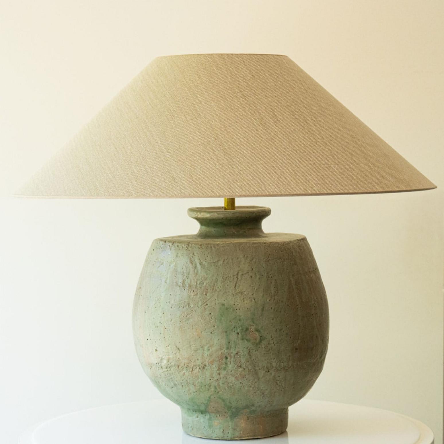 Français Large Pistachio Green Ceramic Table Lamp, Silk Lampshade by R. Houben en vente