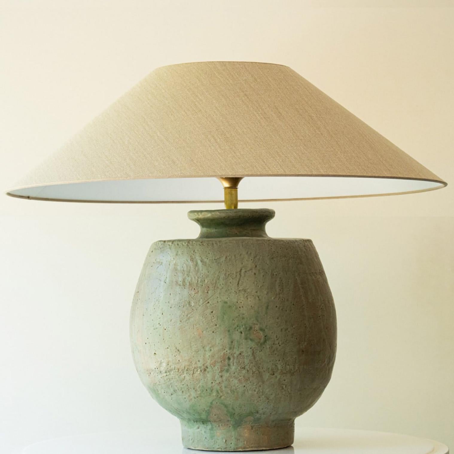 Fin du 20e siècle Large Pistachio Green Ceramic Table Lamp, Silk Lampshade by R. Houben en vente