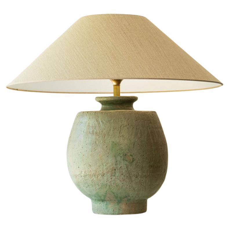 Large Pistachio Green Ceramic Table Lamp, Silk Lampshade by R. Houben For Sale