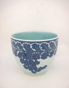 Large Planter in Art Nouveau Ekberg, Floral Turquoise & Blue Scandinavian 1911