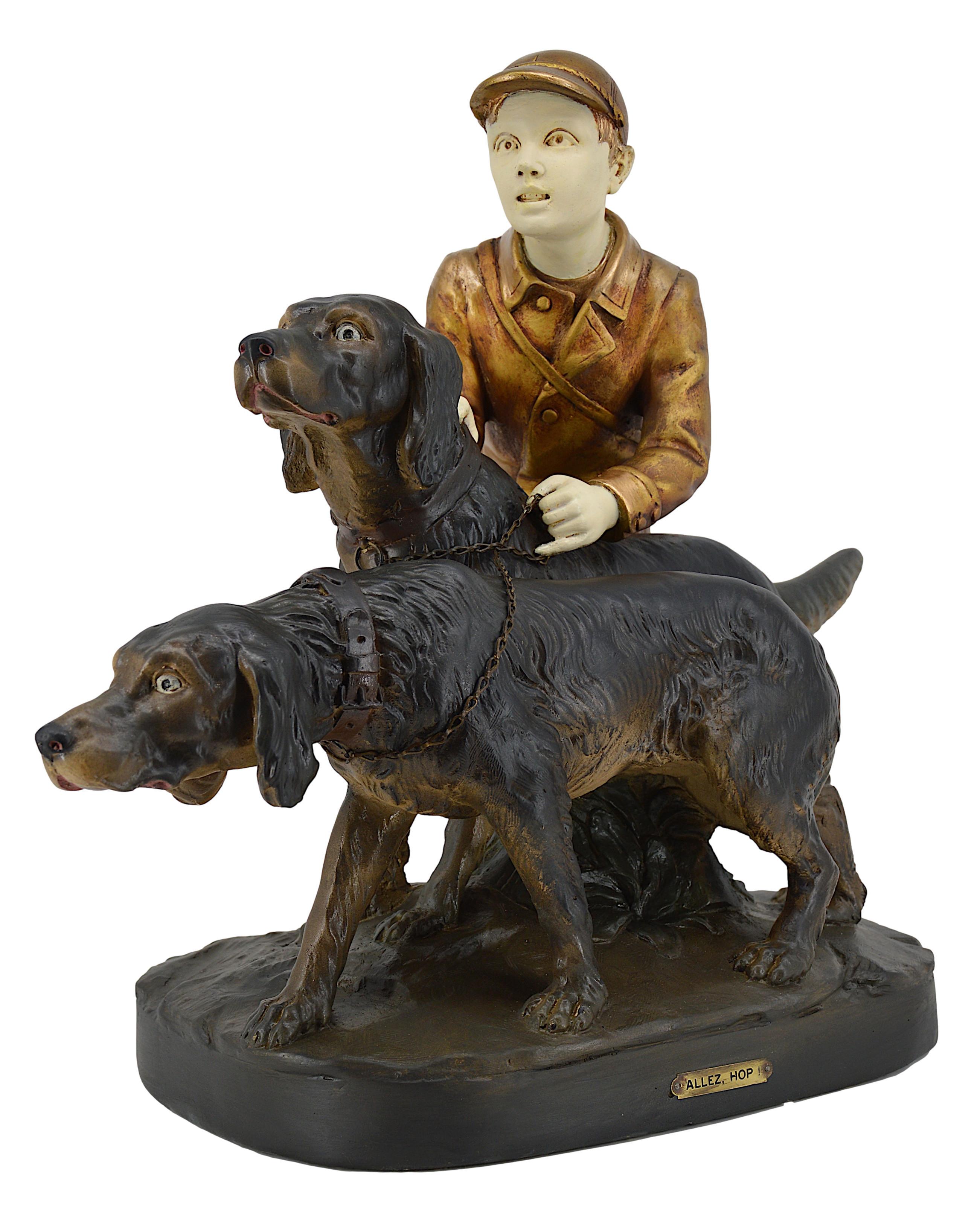 Policromo Grande scultura in gesso con 2 setter a caccia, 1920 in vendita