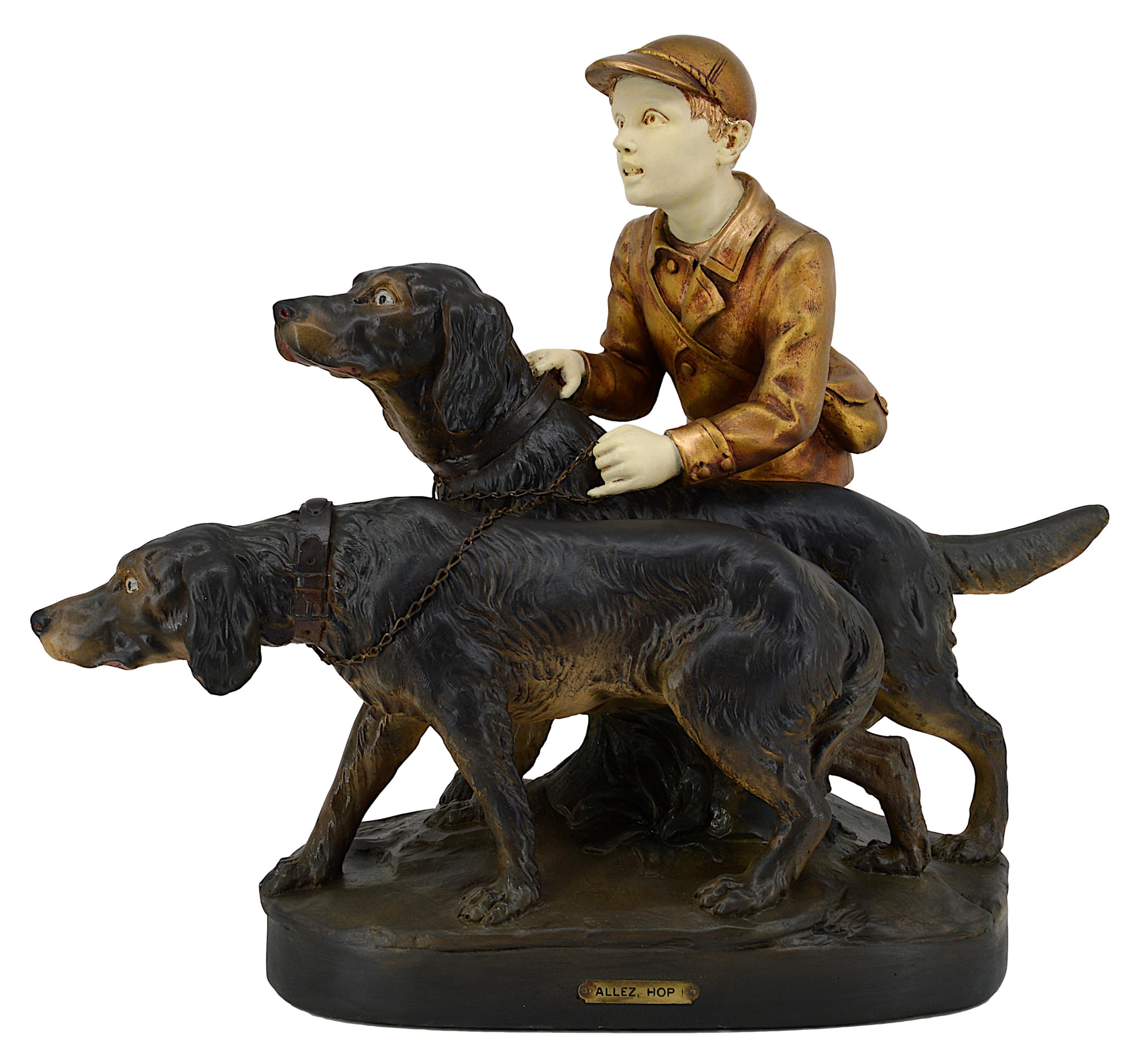 Inizio XX secolo Grande scultura in gesso con 2 setter a caccia, 1920 in vendita