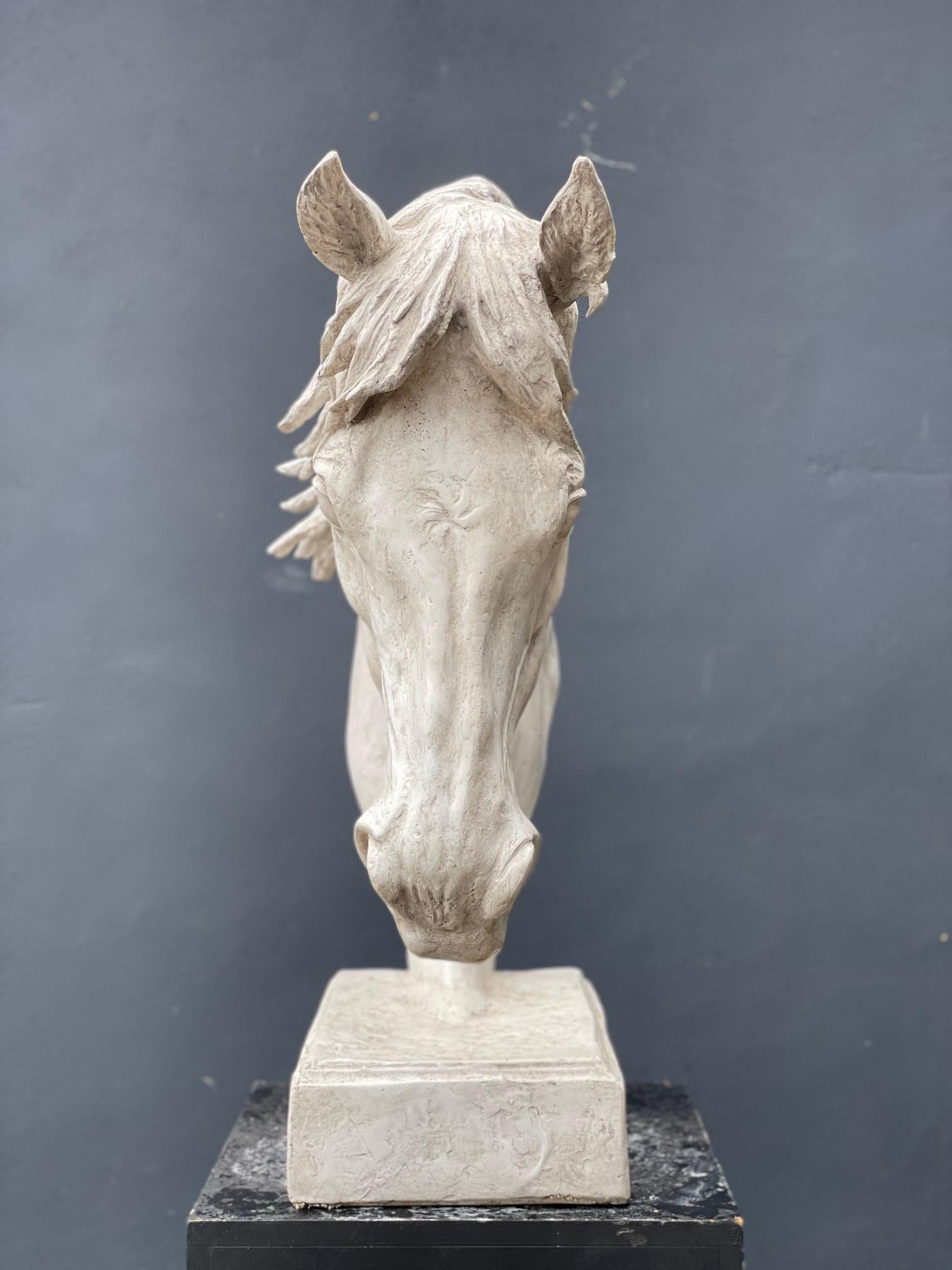 If you are a Horse lover then this must be a piece for you

A large plaster Horse Head on a base.

This is a great decorative piece for the home or interior project.
 