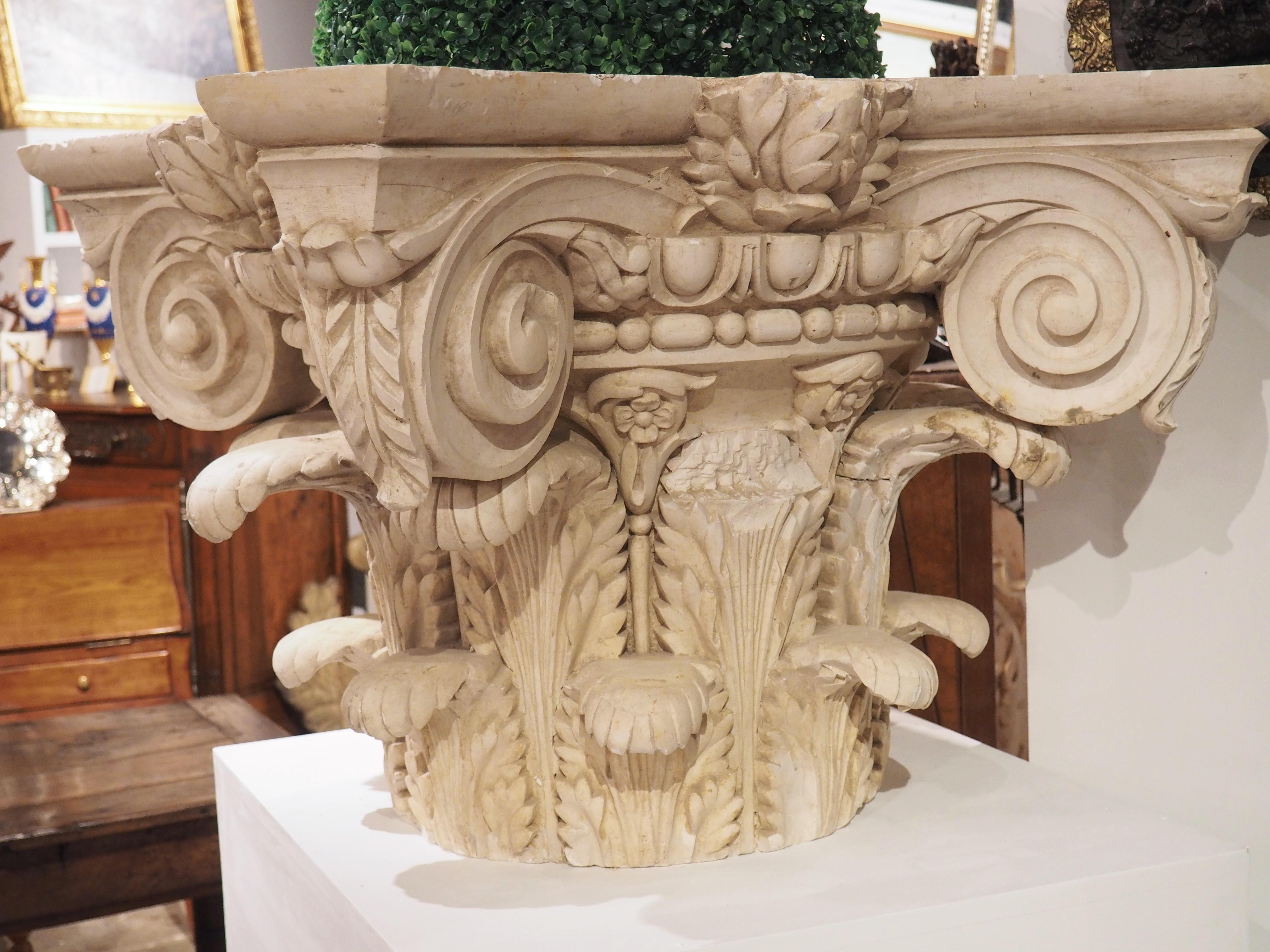 Large Plaster Composite Order Capital on Wooden Pedestal, France, Early 1900s For Sale 3
