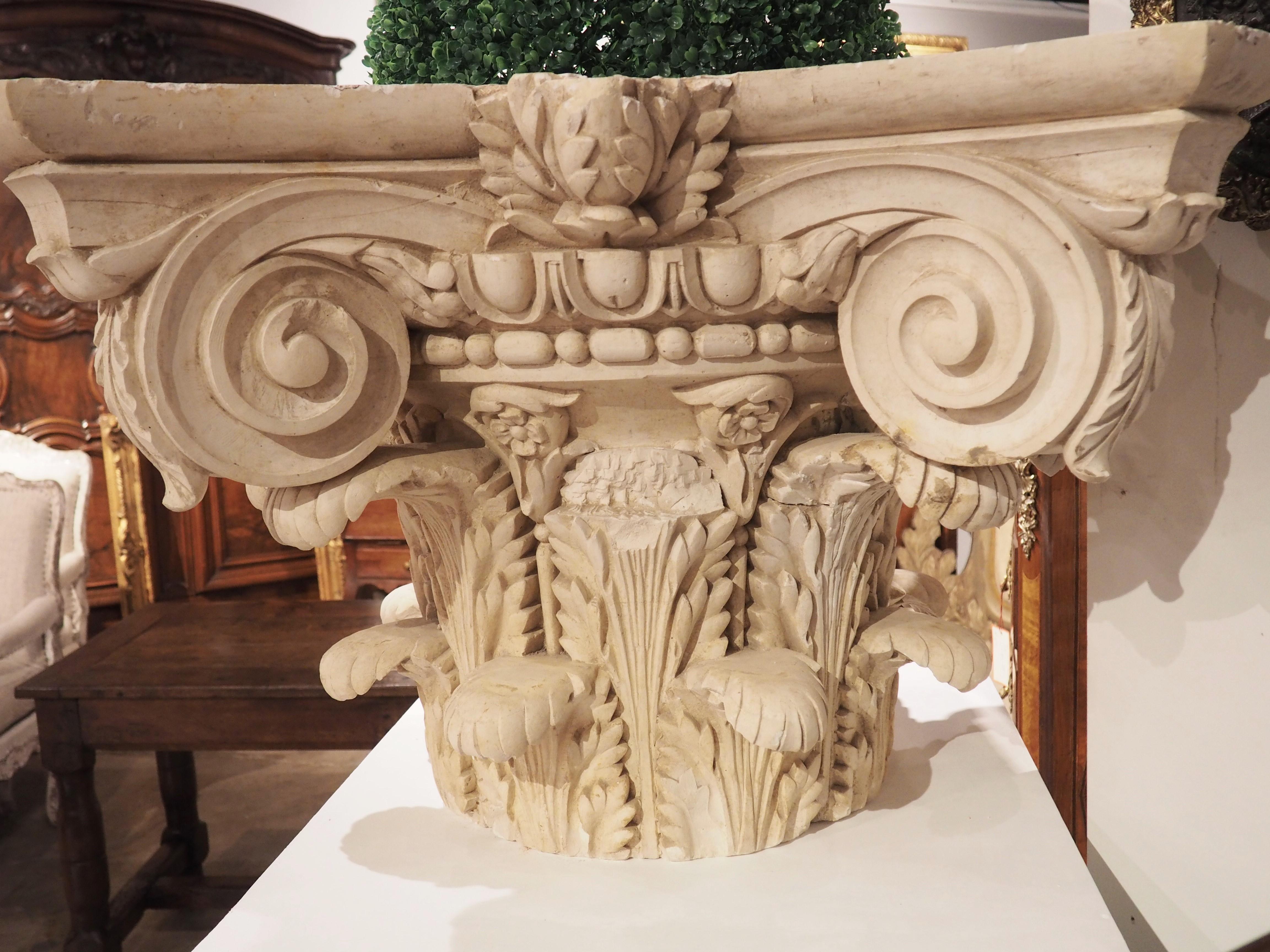 Large Plaster Composite Order Capital on Wooden Pedestal, France, Early 1900s For Sale 5