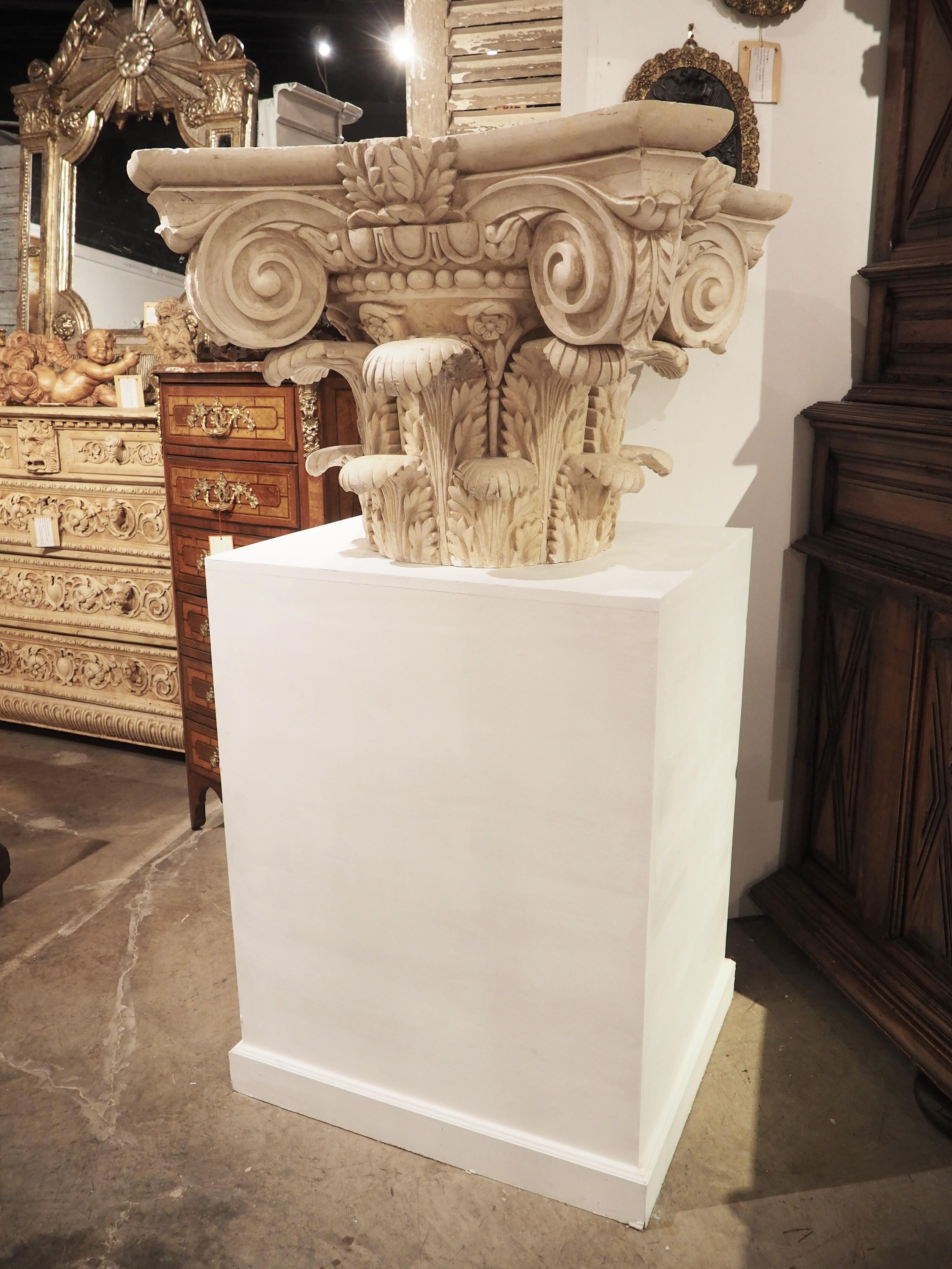 Large Plaster Composite Order Capital on Wooden Pedestal, France, Early 1900s For Sale 9
