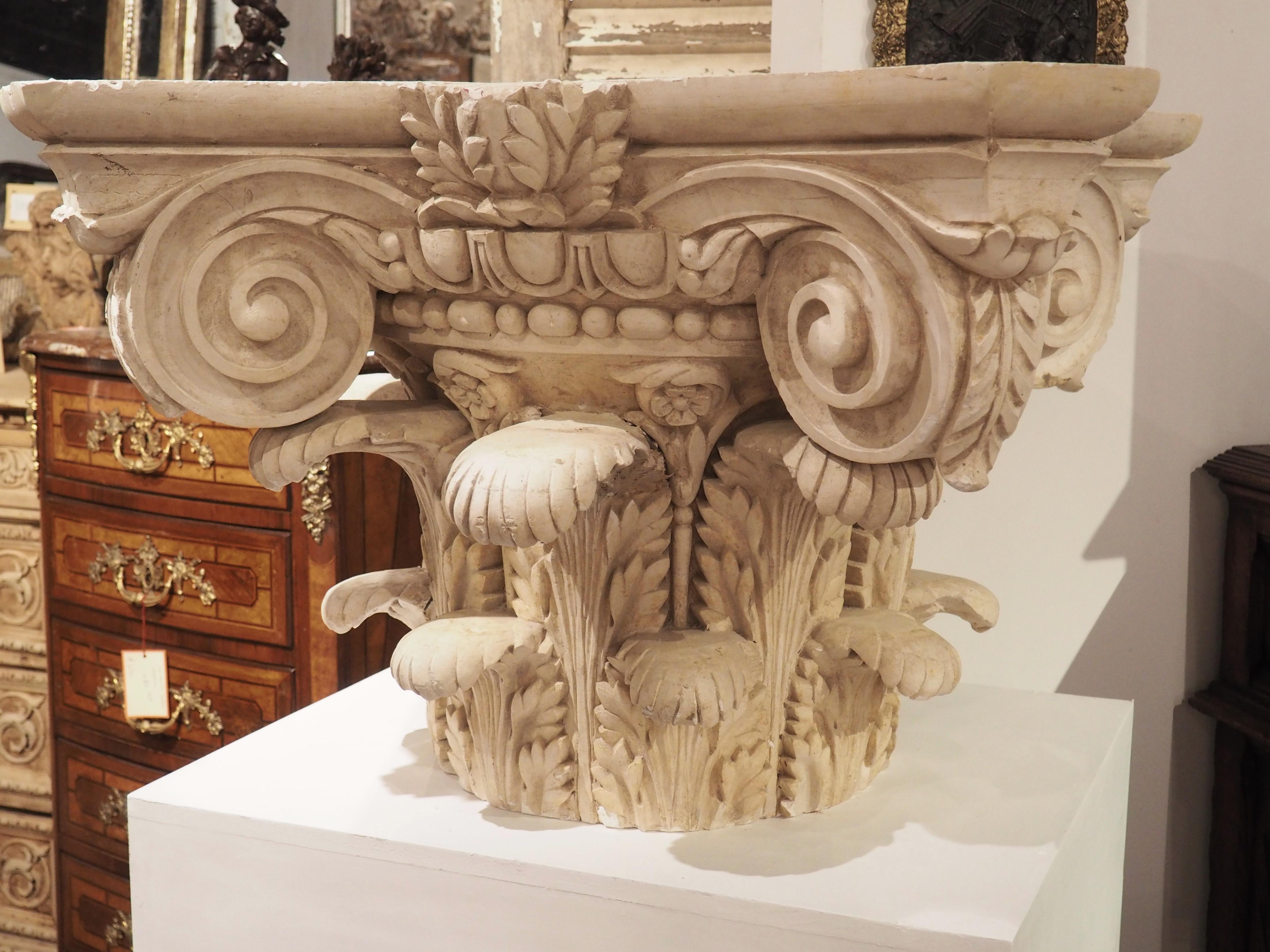 Large Plaster Composite Order Capital on Wooden Pedestal, France, Early 1900s For Sale 10