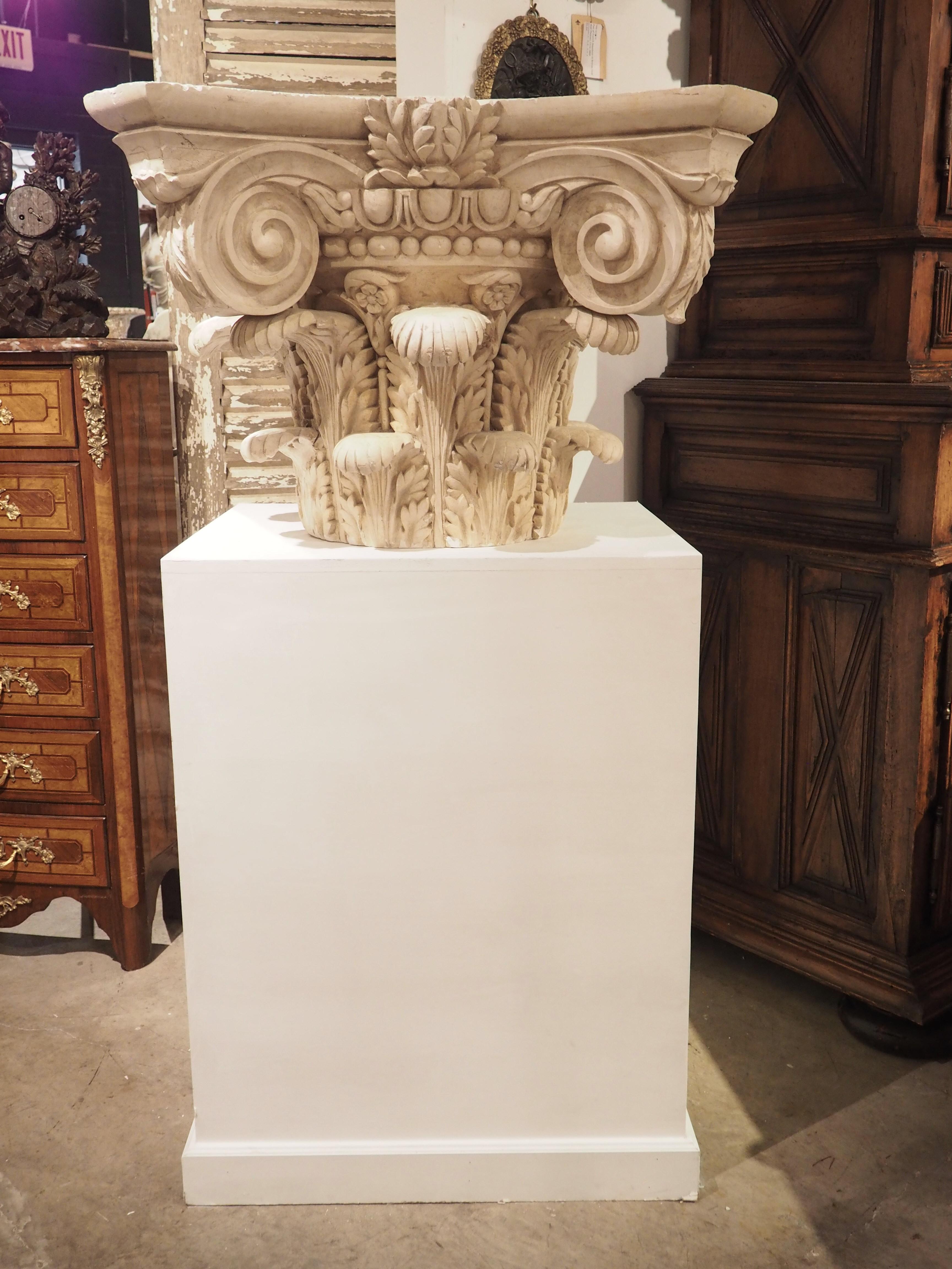 Large Plaster Composite Order Capital on Wooden Pedestal, France, Early 1900s For Sale 12
