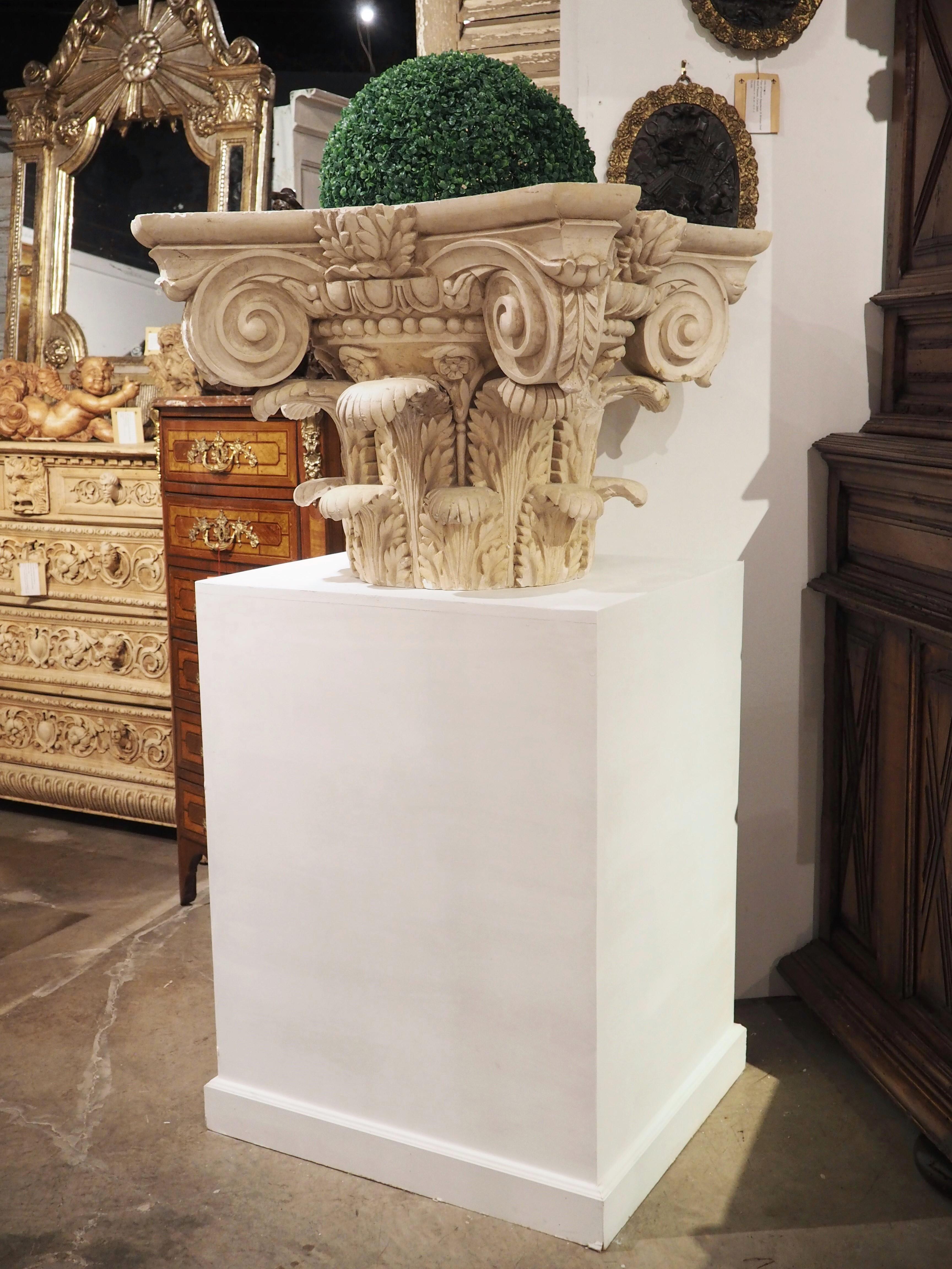 Neoclassical Large Plaster Composite Order Capital on Wooden Pedestal, France, Early 1900s For Sale