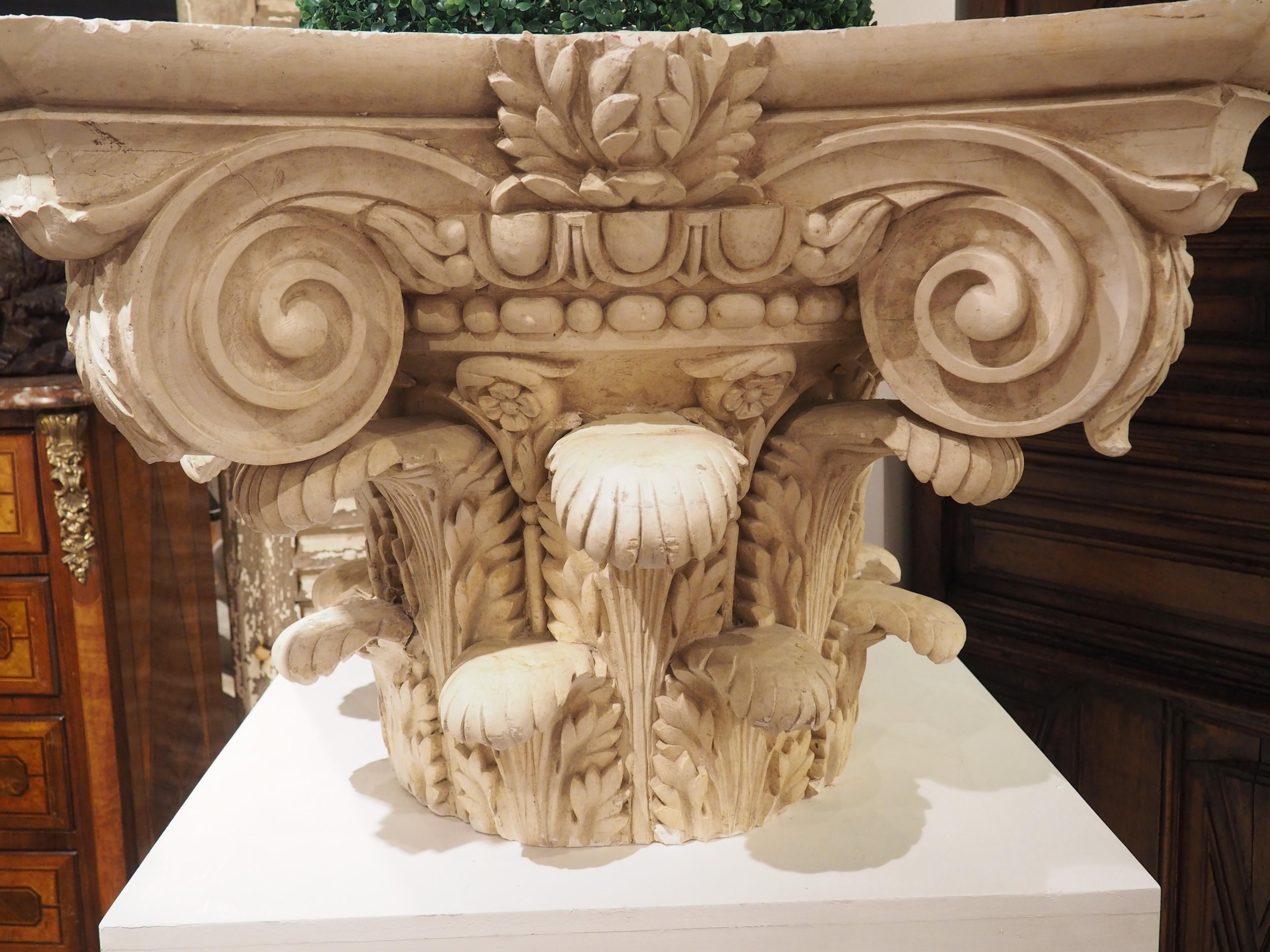 Hand-Painted Large Plaster Composite Order Capital on Wooden Pedestal, France, Early 1900s For Sale