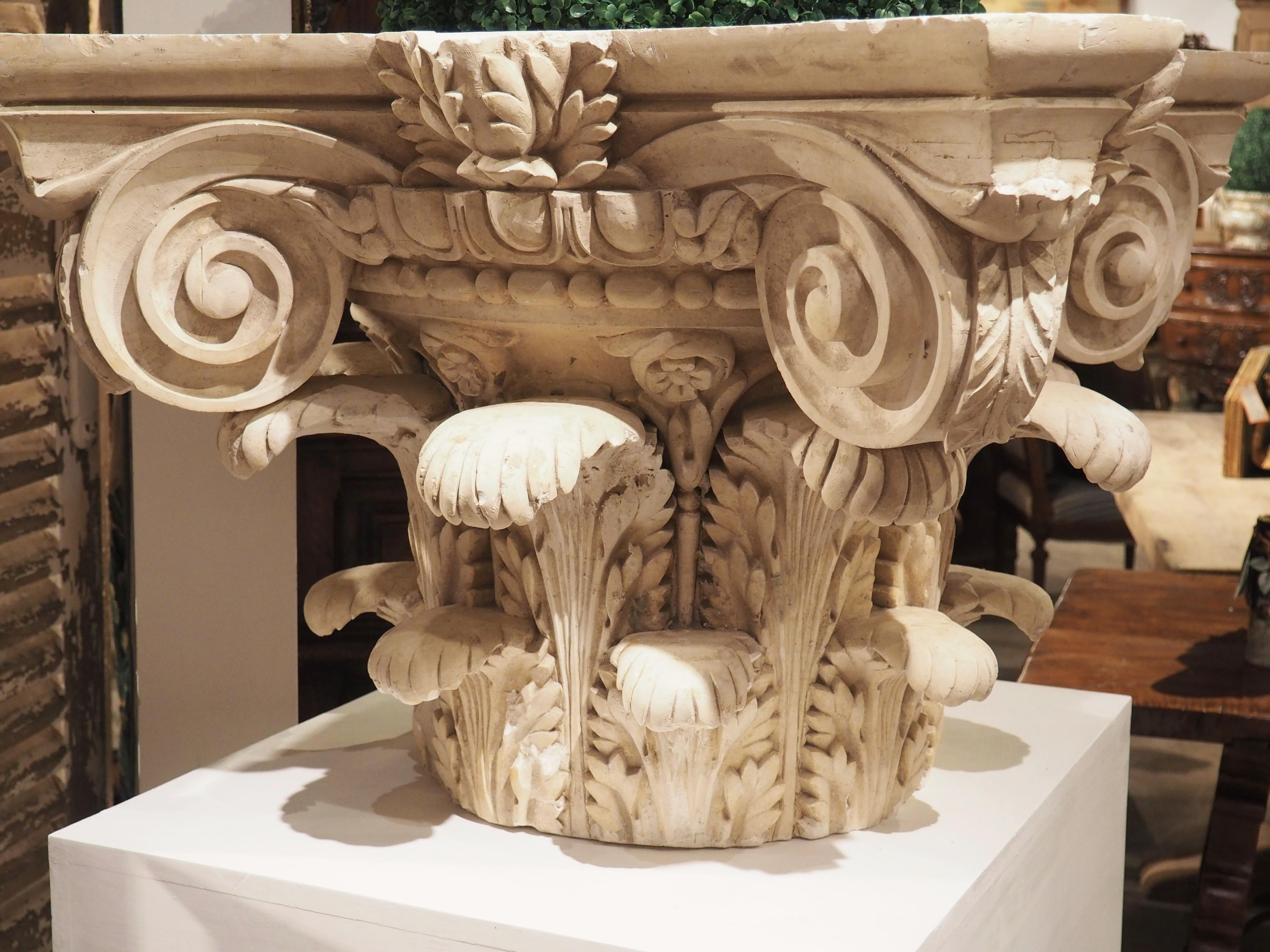 Large Plaster Composite Order Capital on Wooden Pedestal, France, Early 1900s In Good Condition For Sale In Dallas, TX