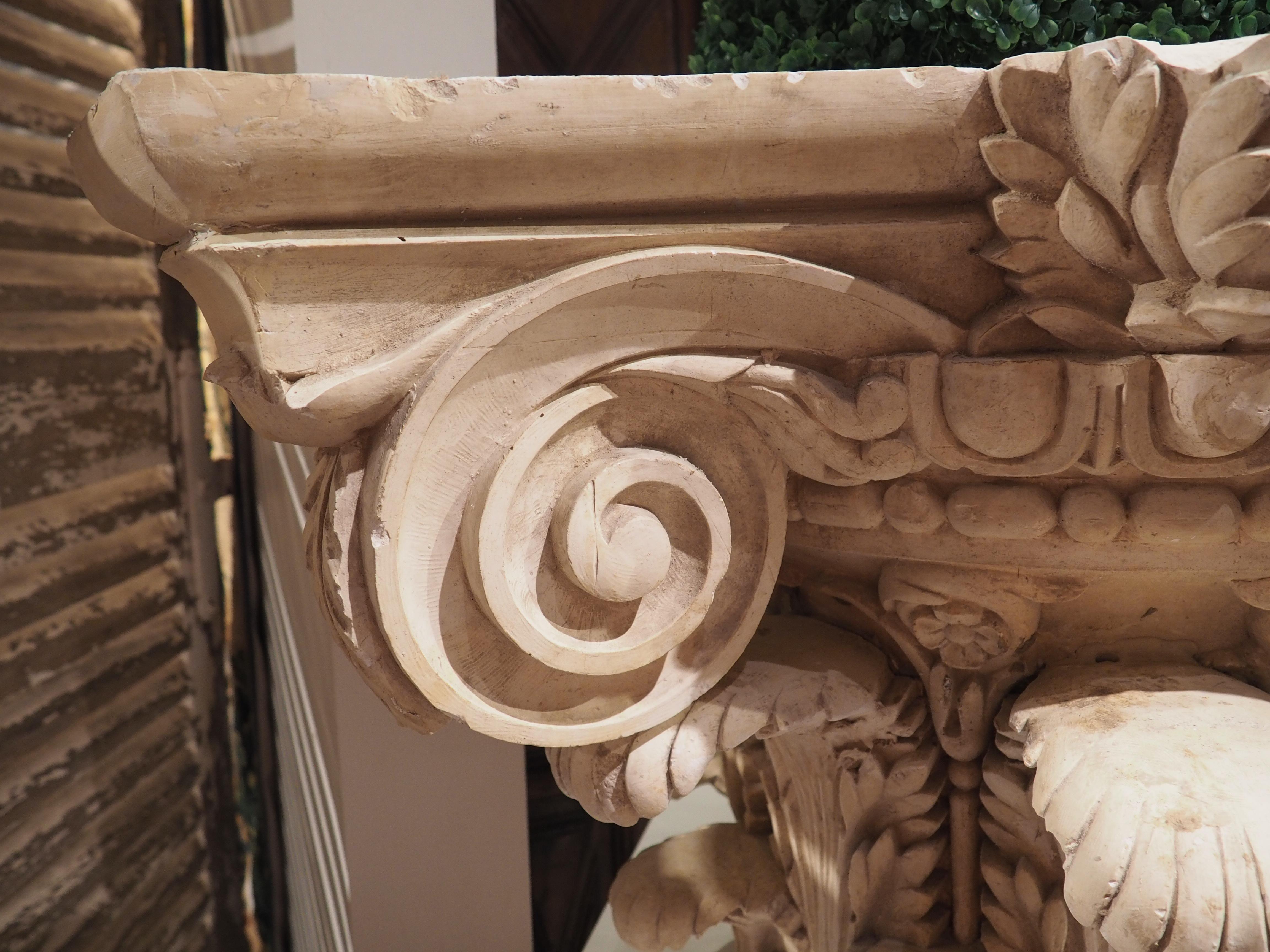 Large Plaster Composite Order Capital on Wooden Pedestal, France, Early 1900s For Sale 2