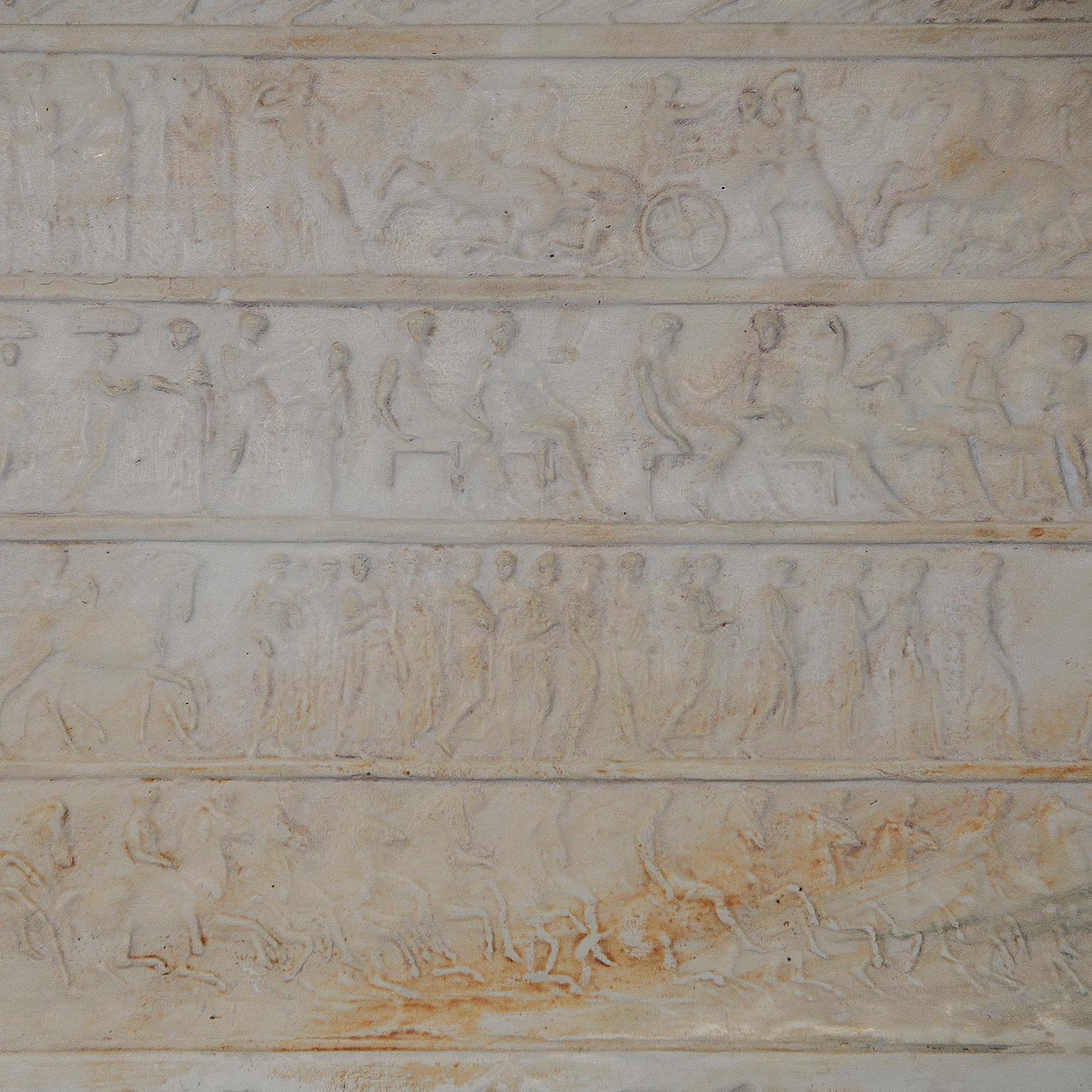 This is a beautiful, decorative and large late 19th century plaster panel museum copy of the parthenon friezes after henning, circa 1880.