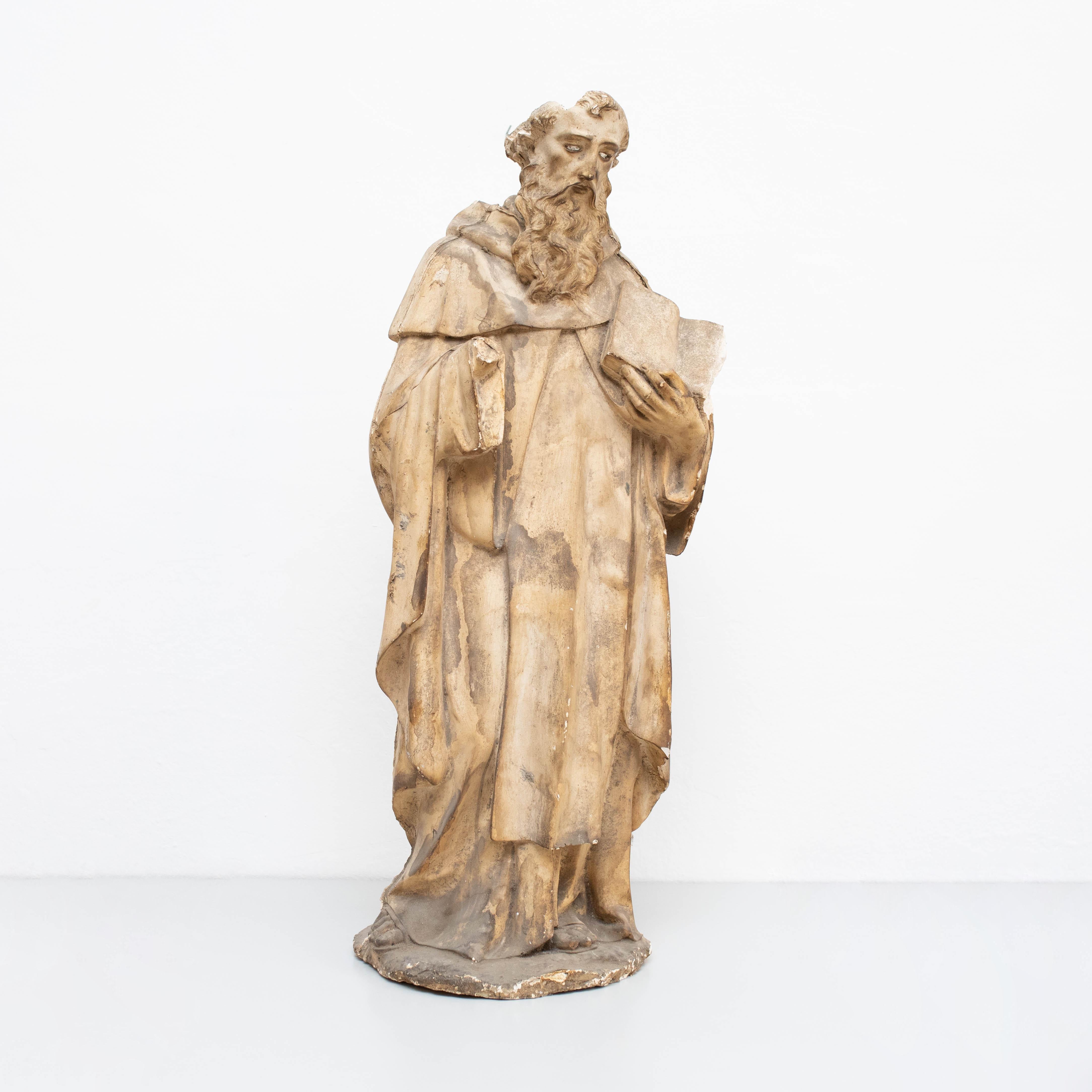 Traditional religious signed plaster figure of a Saint.    Made in traditional Catalan atelier, Spain, circa 1930.    In original condition, with minor wear consistent with age and use, preserving a beautiful patina.    Materials:  Plaster.   