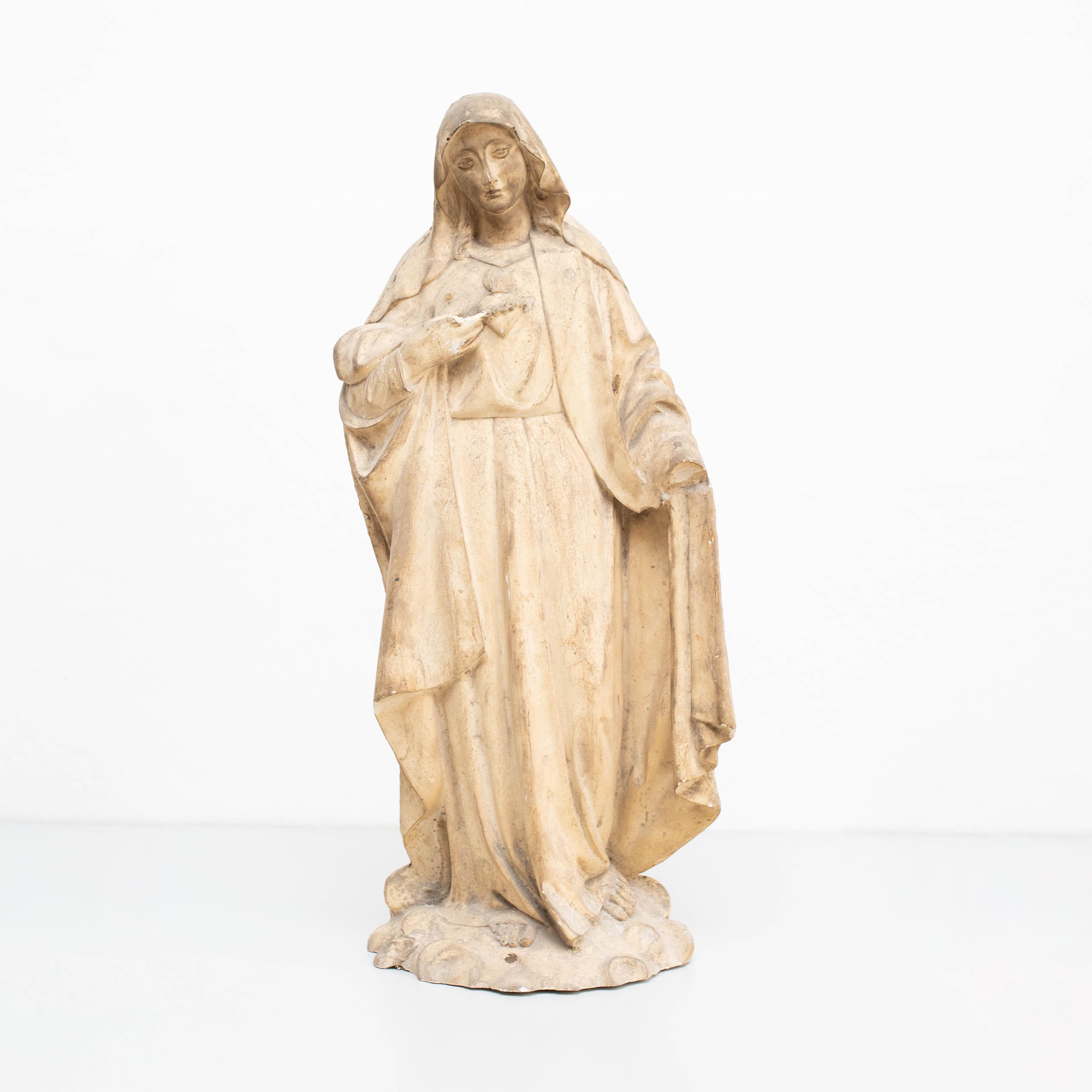 Traditional religious signed plaster figure of a virgin.    Made in traditional Catalan atelier, Spain, circa 1930.    In original condition, with minor wear consistent with age and use, preserving a beautiful patina.    Materials:  Plaster.   