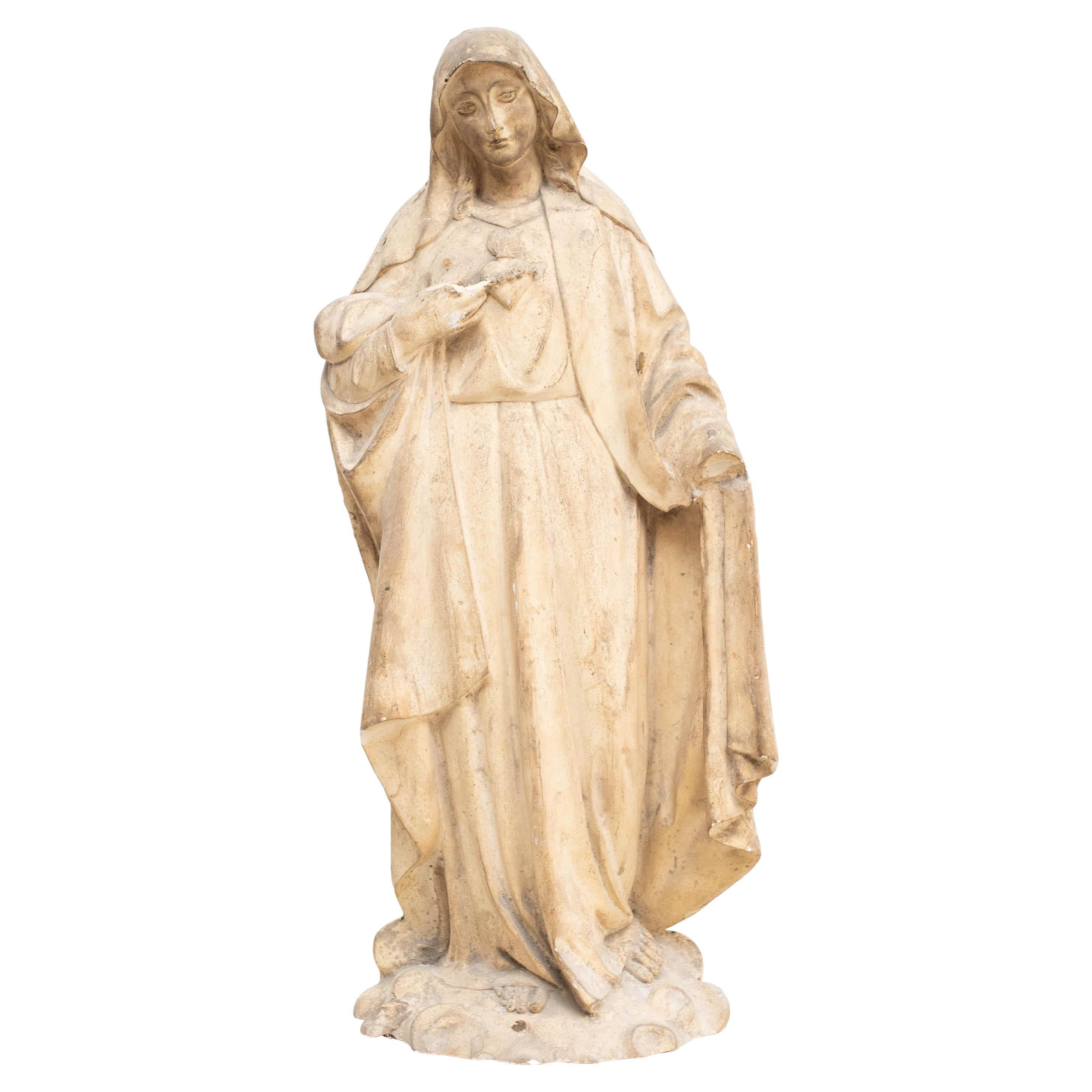 Large Plaster Virgin Traditional Sculptural Figure, circa 1930