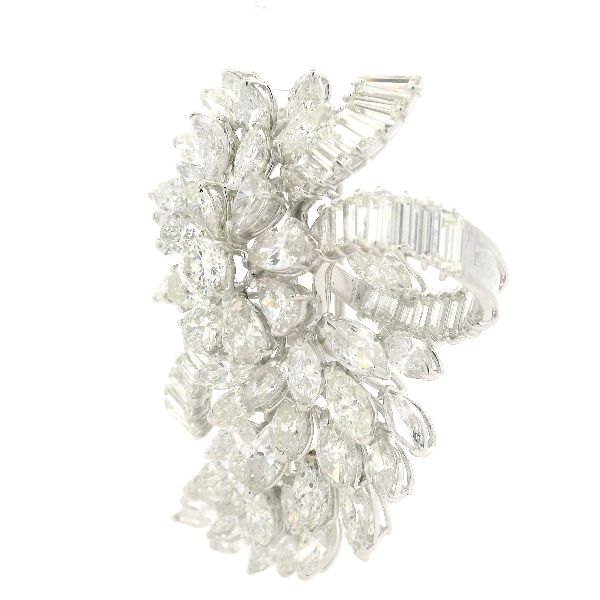Baguette Cut Large Platinum 16.5ct Round Pear Marquise & Baguette Diamond Floral Spray Brooch For Sale