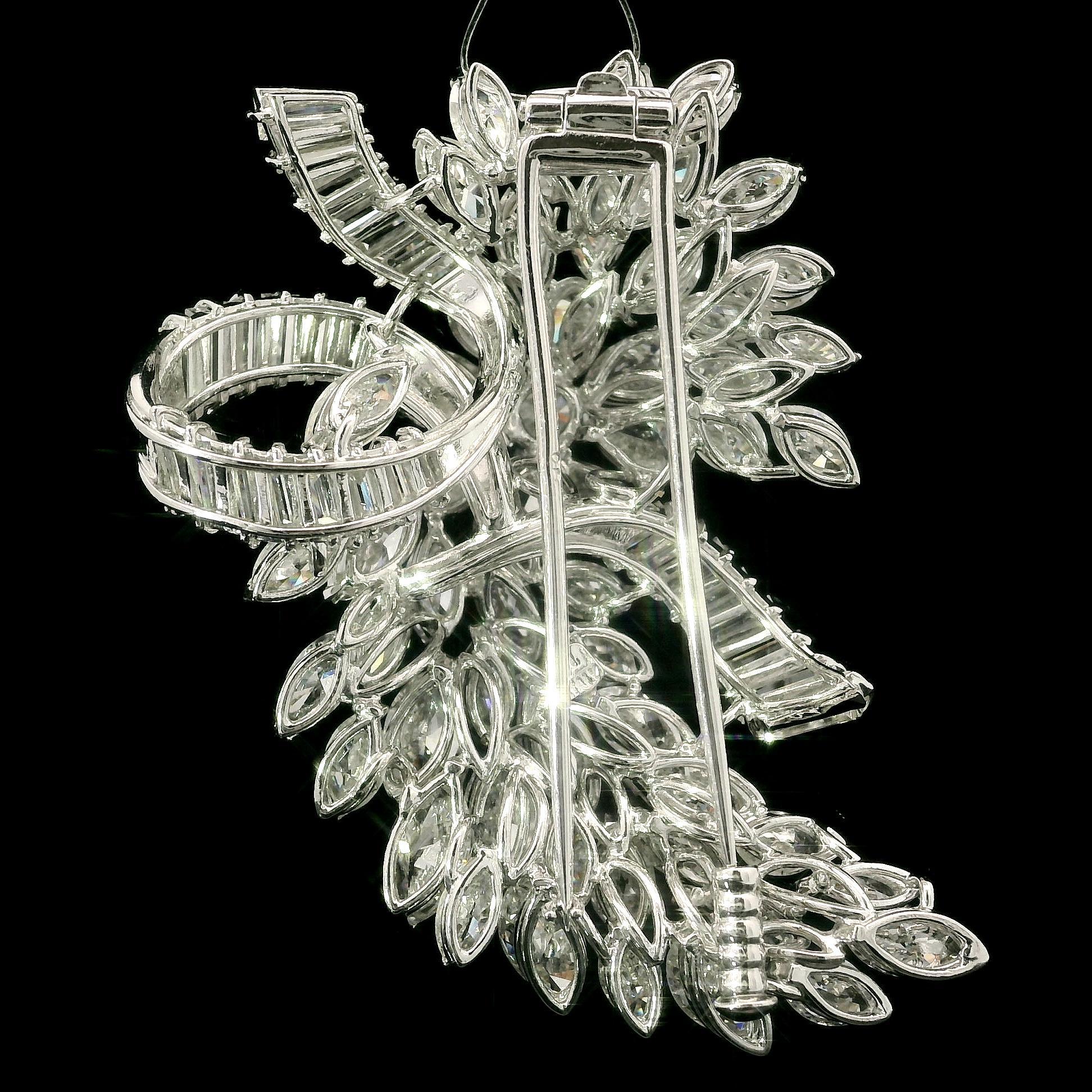 Large Platinum 16.5ct Round Pear Marquise & Baguette Diamond Floral Spray Brooch For Sale 2