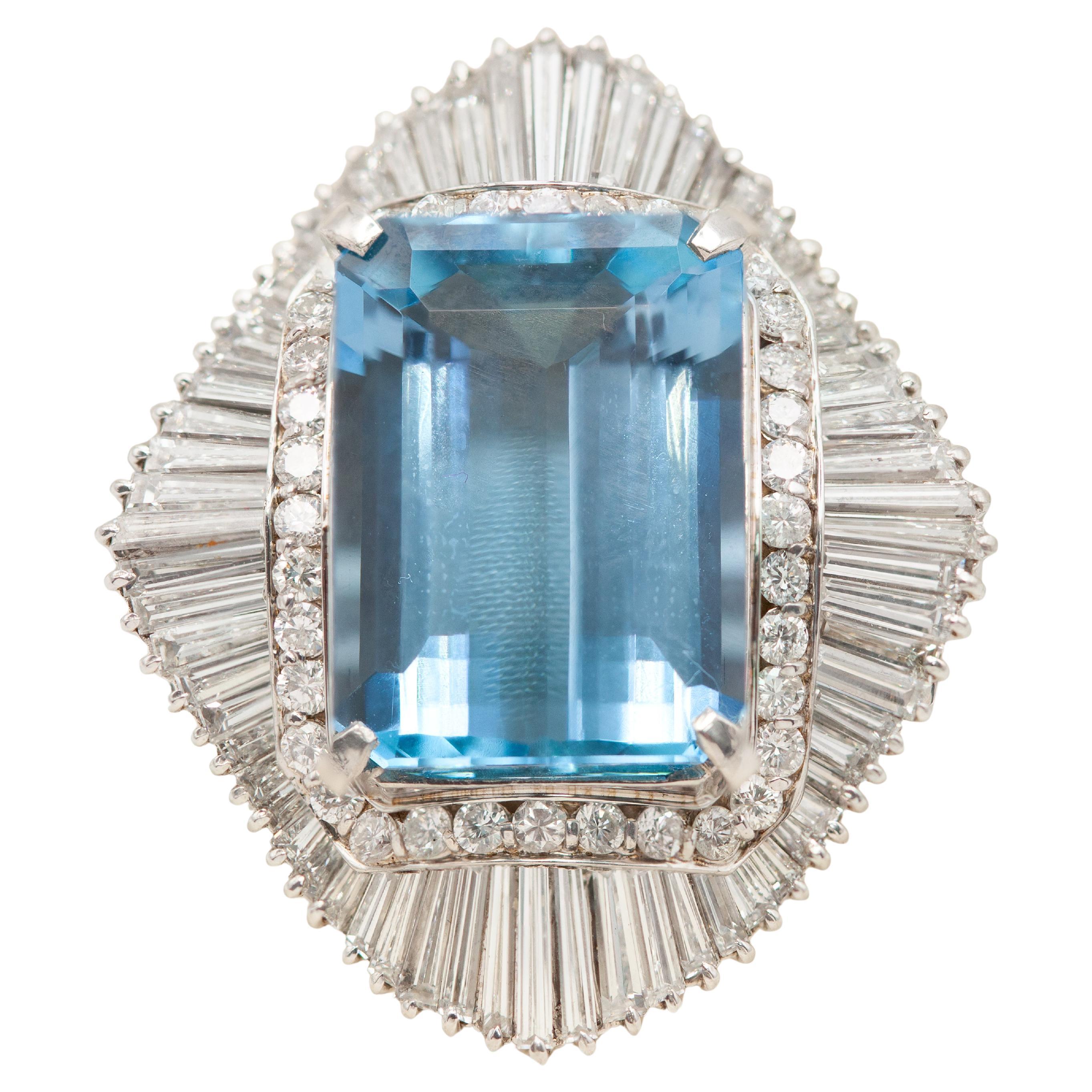 Large Platinum Diamond and Aquamarine Cocktail Ring