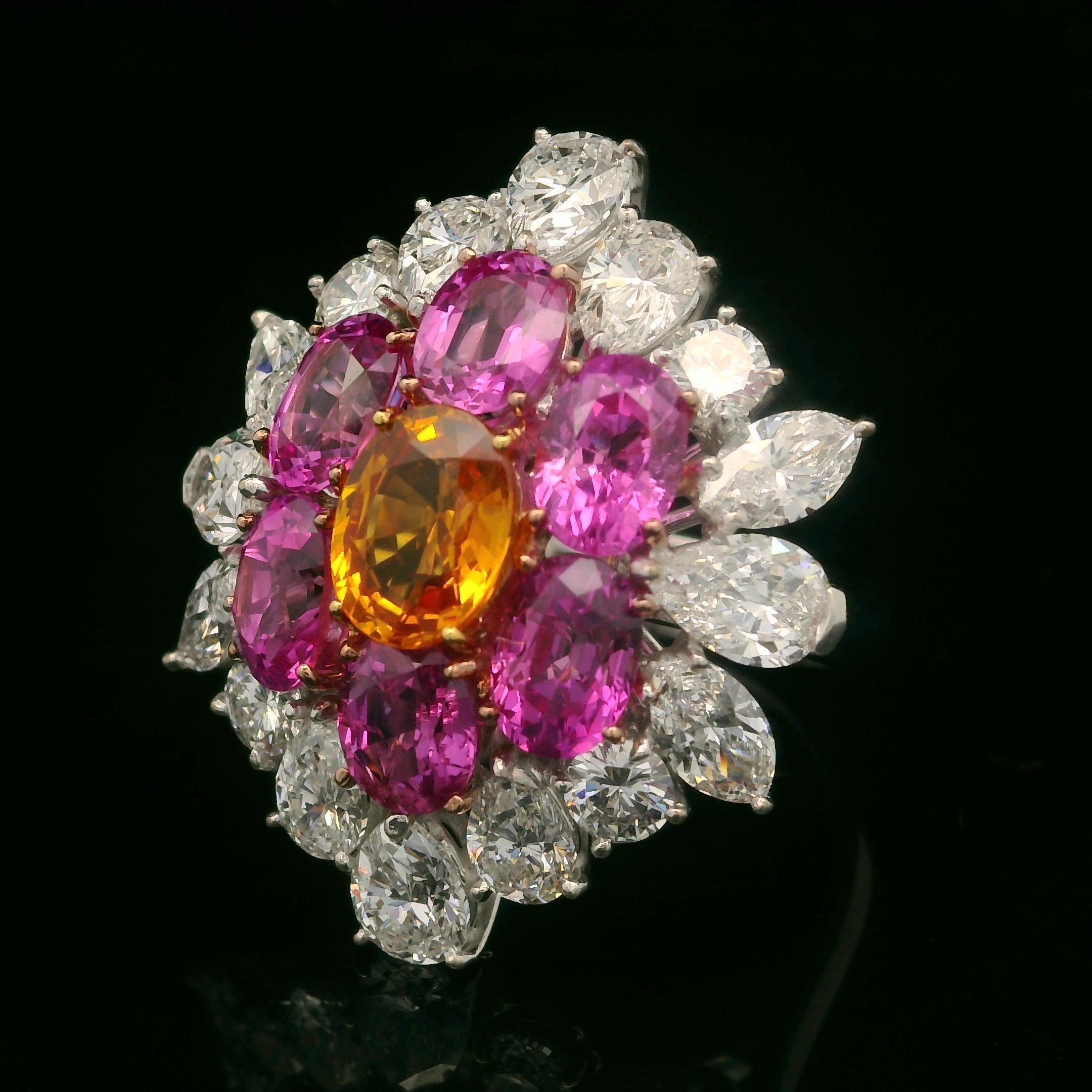 Grande bague plateau en or platine avec saphir rose orange de Birmanie 9,15 carats certifié GIA et diamants en vente 5